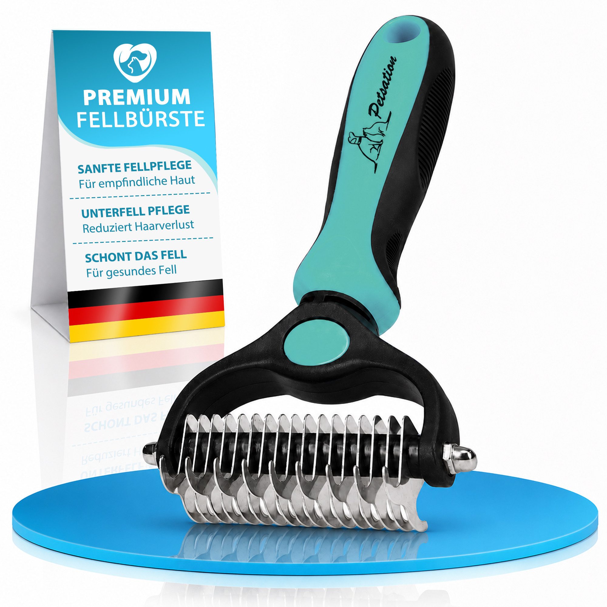 Petsation Fellbürste Unterwollbürste für Hunde & Katzen Fellpflegebürste, Entfilzungsbürste, Edelstahl, Abgerundete Edelstahlzinken, Anti-Rutsch-Griff, Massageeffekt