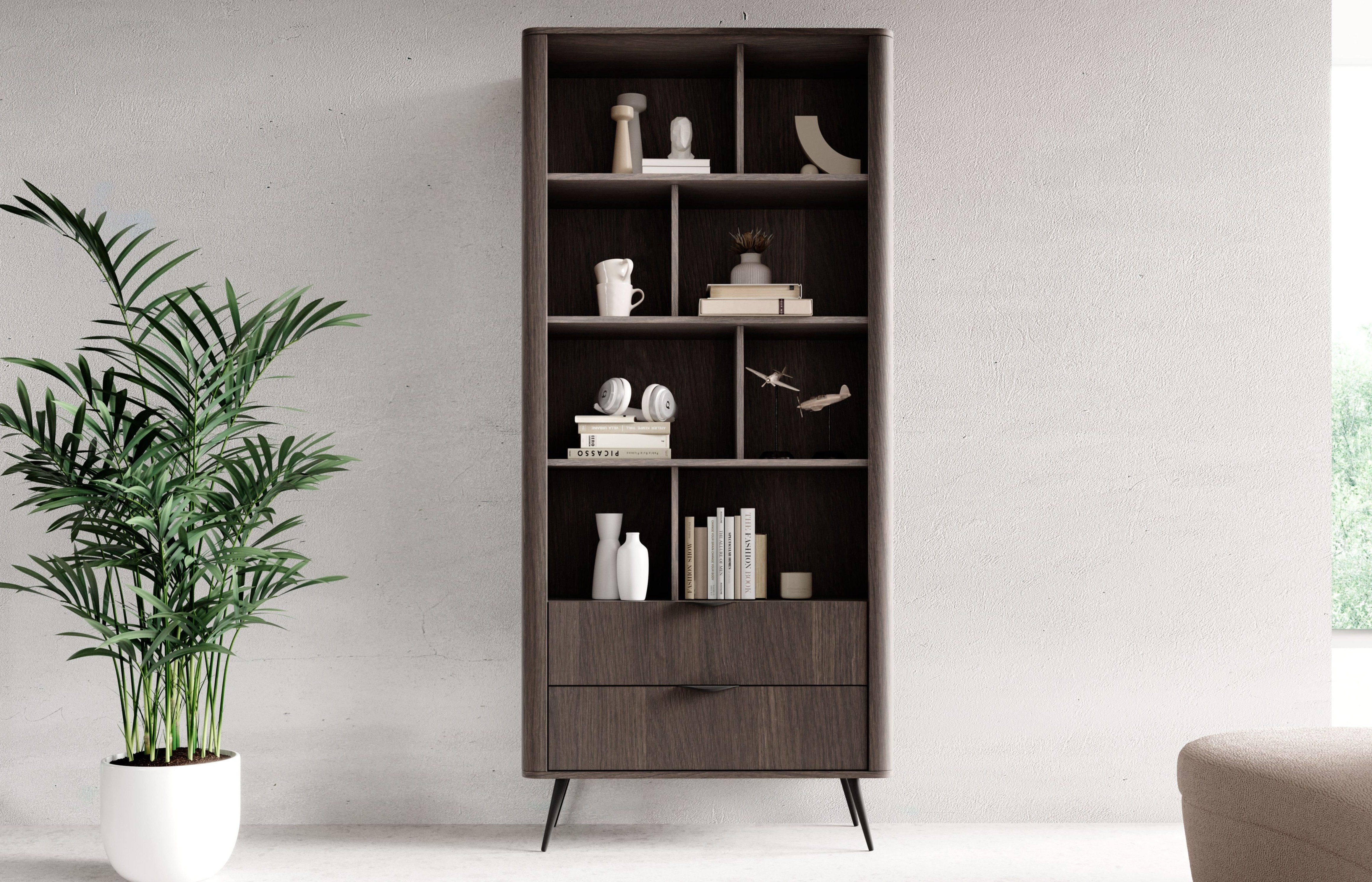 MOEBLO Regal LARON 2s, mit 2 Schubladen, Eiche Dunin – Modernes Standregal im Japandi & Industrial Design mit schwarzen Metallfüßen, geriffelter Leiste und eleganter Holzoptik, Bücherregal Bücherregal für das Büro Bücherregal für Dokumente Wohnbereich Wohnzimmer, (BxHxT): 88,2 x 193,8 x 38 cm