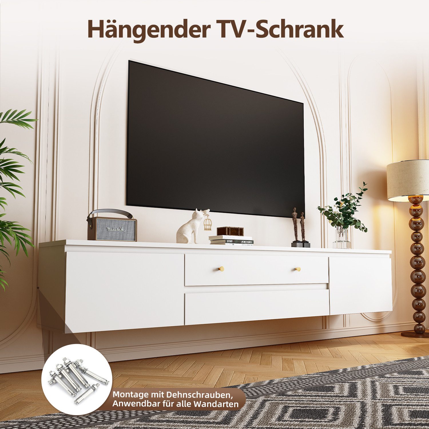Lexzurn TV-Schrank Hängender TV-Schrank,175cm,Lowboard,Fernsehschrank (TV-Lowboard,TV-Möbel,Erfüllt den Umweltstandard E1,Gesamtabmessungen: 175*50*33cm,Schließfächer mit großer Kapazität, für Großbildfernseher bis 85, 4 Farben (Weiß/Beige/Holzoptik/Grau)