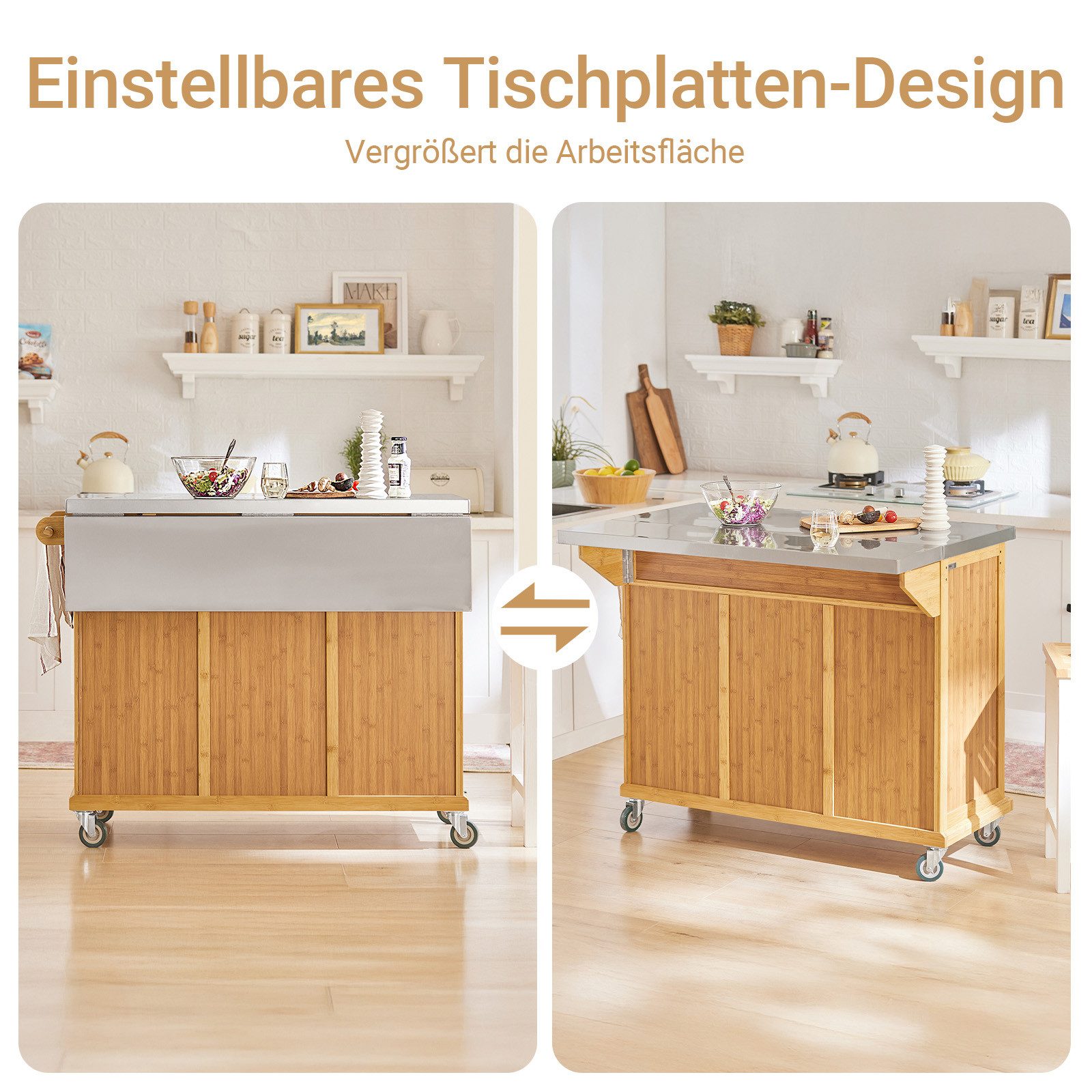 SoBuy Küchenwagen FKW69/FKW70, Küchenwagen auf Rollen, Servierwagen Rollwagen Barwagen, Kücheninsel Küchenschrank mit Edelstahlarbeitsplatte Frühstücksbar