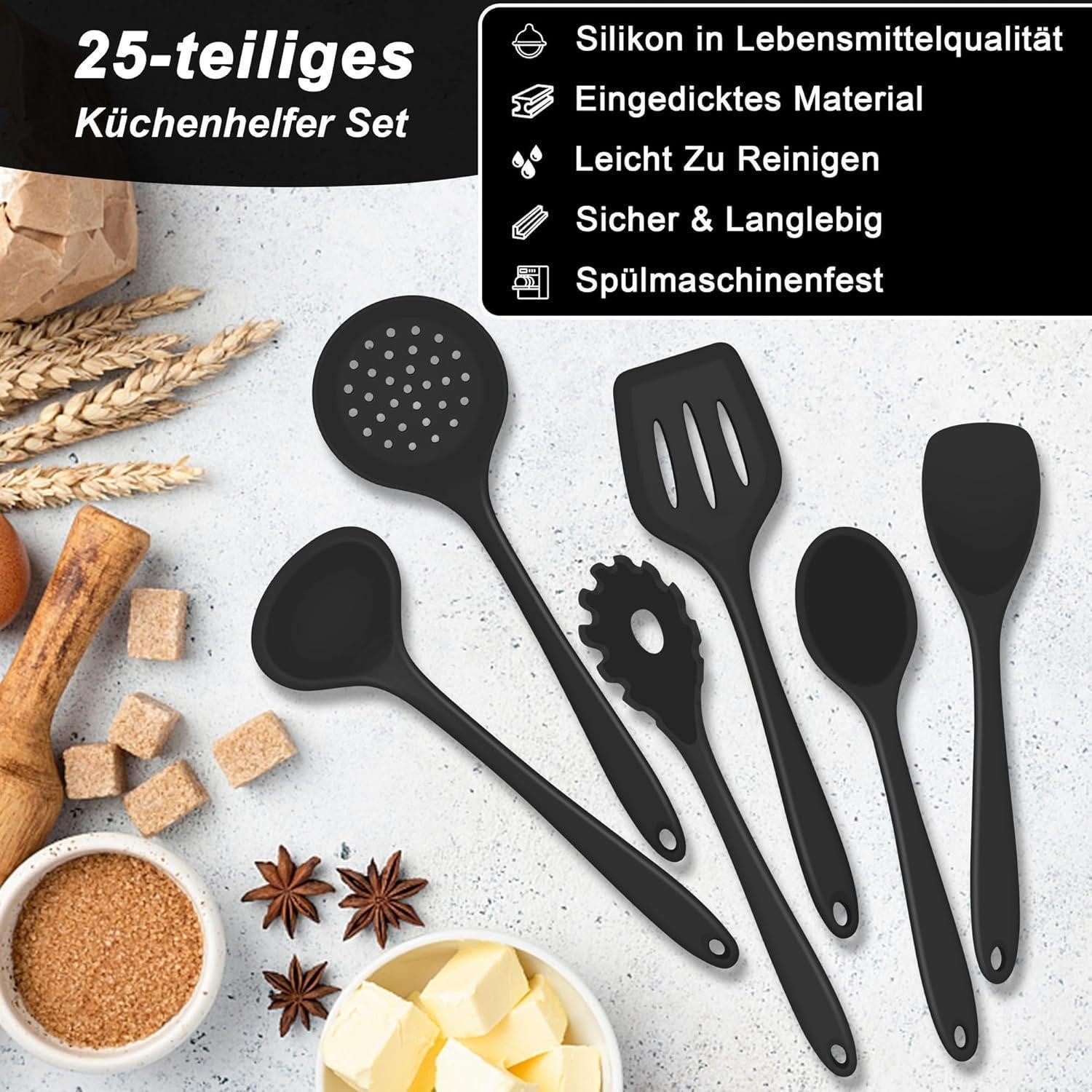 LuxusKollektion Kochbesteck-Set 25-tlg. Silikon Küchenutensilien Kochbesteck Set Schwarz antihaft – Bild 4 von 5