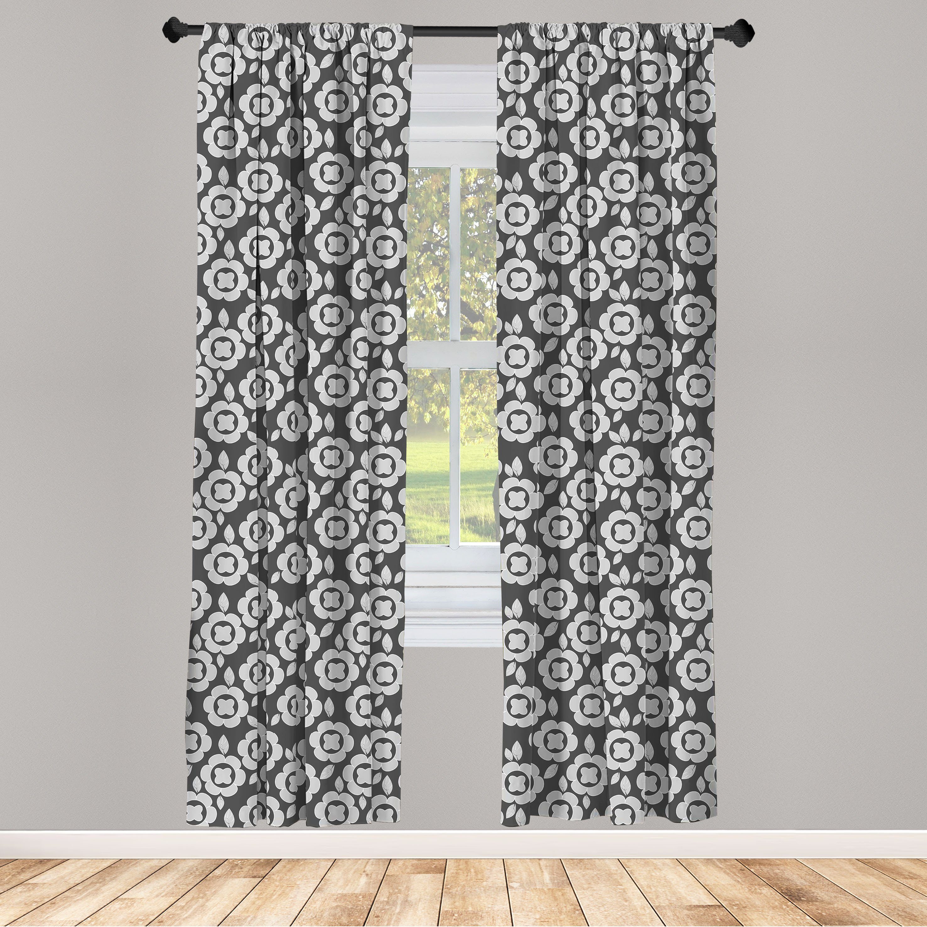Gardine Vorhang für Wohnzimmer Schlafzimmer Dekor, Abakuhaus, Microfaser, Blume Graustufen- Floral Graphic | Fertiggardinen
