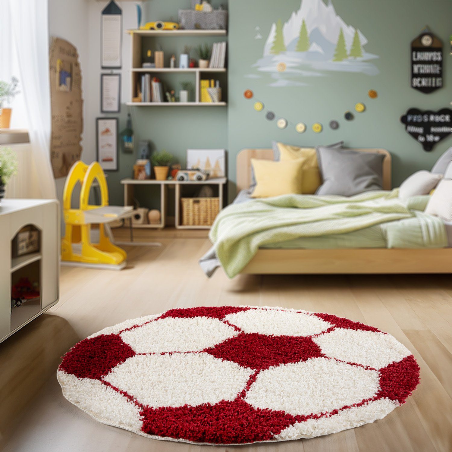 Teppich Fußball-Design, HomebyHome, Rund, Höhe: 30 mm, Kinder Teppich Fußball-Form Kinderzimmer versch.farben und größen Rot