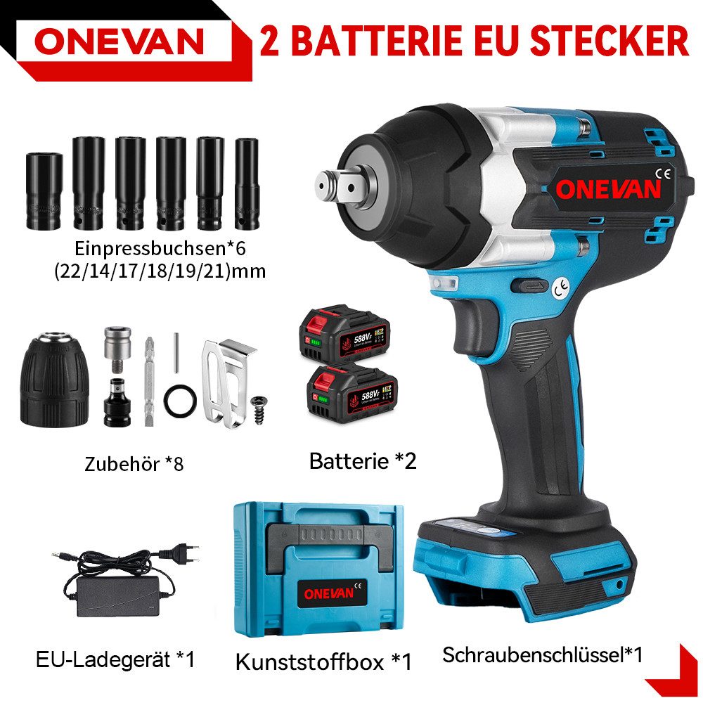 ONEVAN Akku-Schlagschrauber 1/2" Bürstenloser Schlagschrauber mit 2x Batter günstig online kaufen