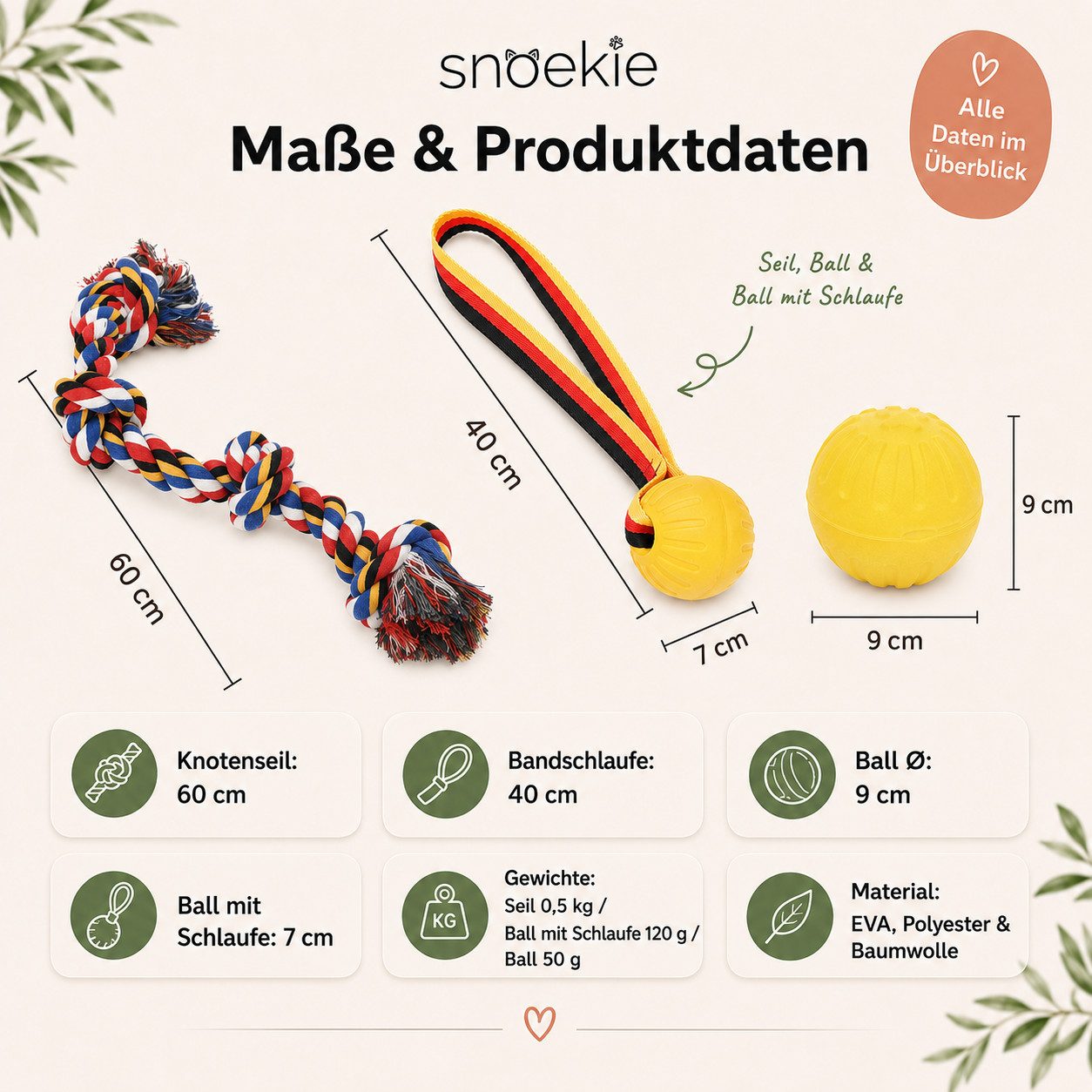 SNOEKIE Kauball SNOEKIE Hundespielzeug Set 3-teilig Baumwollseil 60cm EVA-Ball Ø 9 cm, (3-tlg)