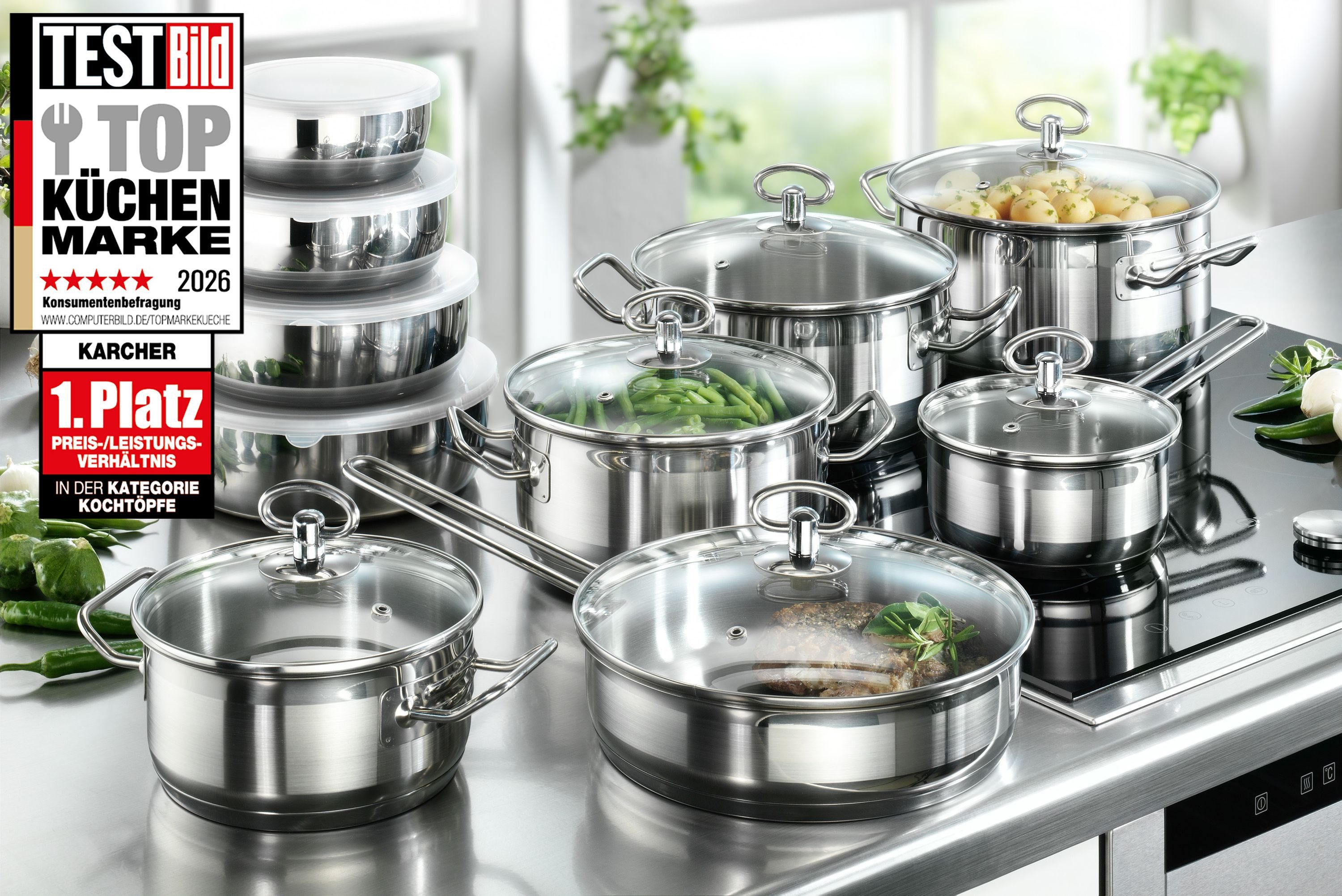 Karcher Topf-Set Kochtopfset Jasmin, Edelstahl (20-tlg), inkl. Glasdeckel und Edelstahl Schüssel Set, Induktion