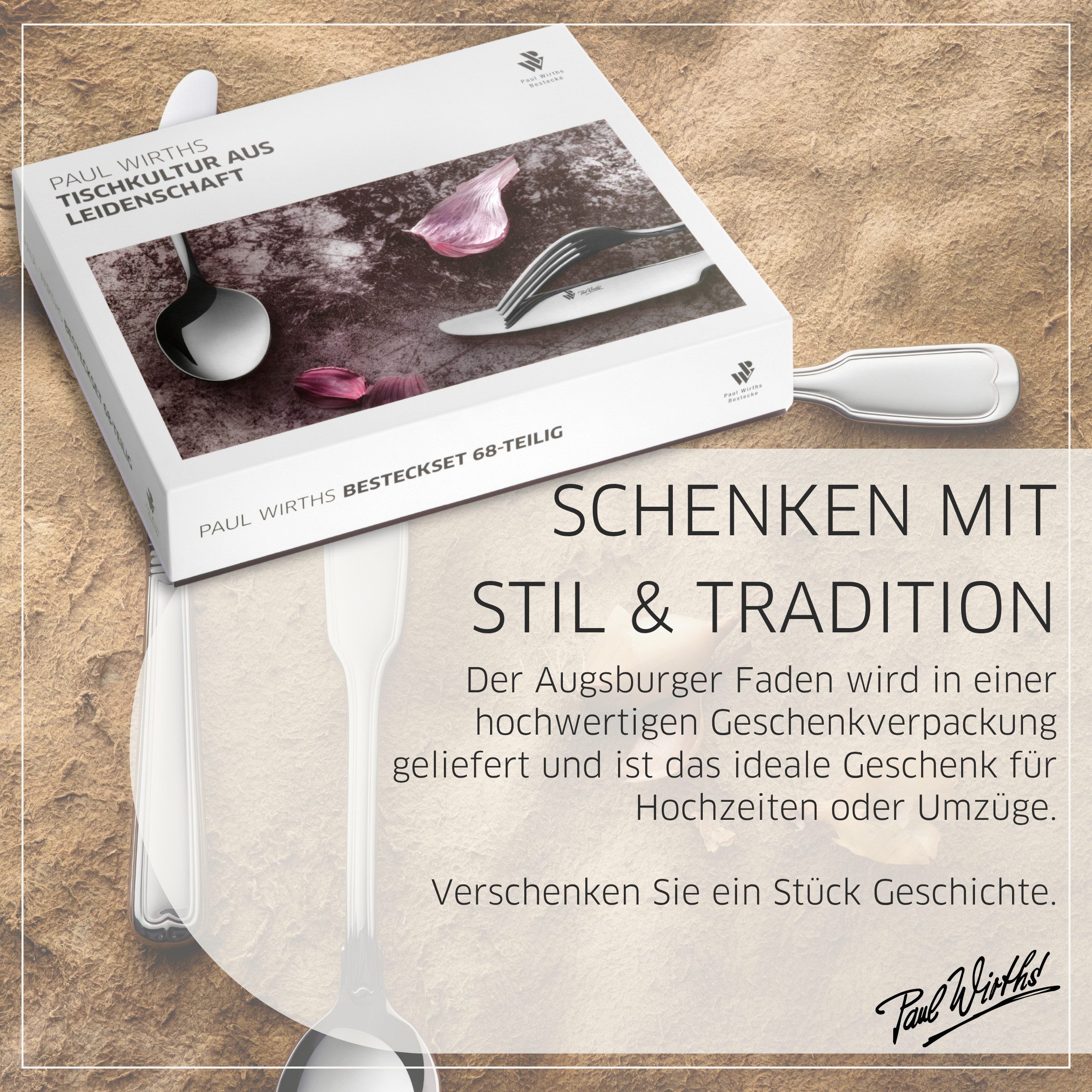 Paul Wirths Besteck-Set AUGSBURGER FADEN (68-tlg), 12 Personen, Edelstahl Rostfrei 18/10, spülmaschinenfest, hochglanzpoliert, langlebige Qualität – Bild 4 von 5