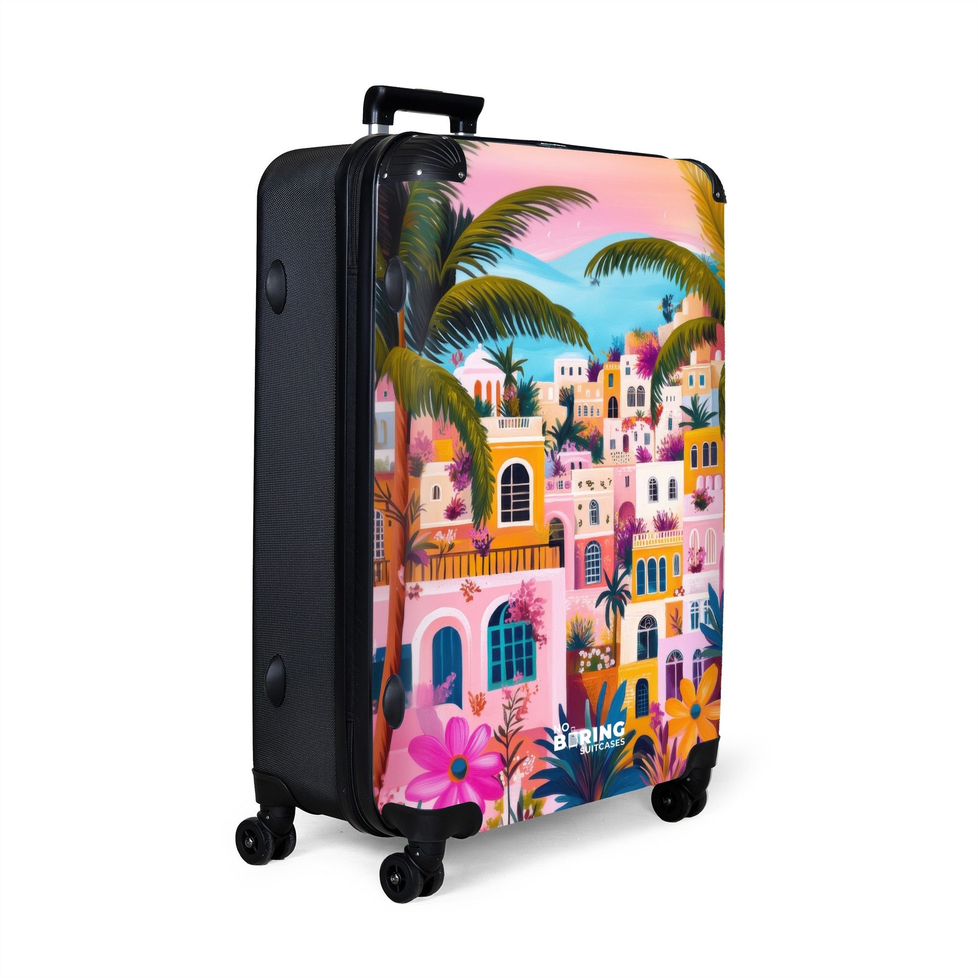 NoBoringSuitcases.com© Hartschalen-Trolley Bunte Stadt mit Palmen günstig online kaufen