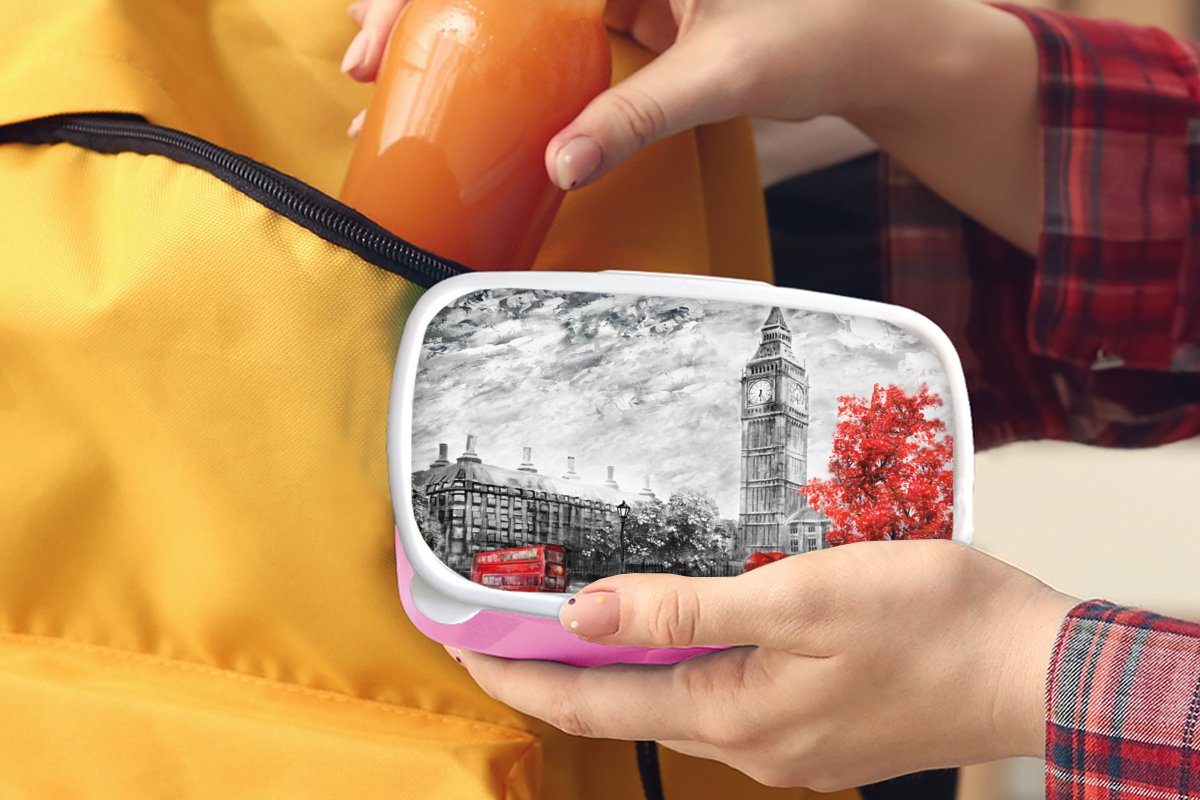 MuchoWow Lunchbox Gemälde - Kinder, Regenschirm, Kunststoff, - Ben Big für (2-tlg), Erwachsene, Brotdose Snackbox, Kunststoff Brotbox - Rot rosa Mädchen