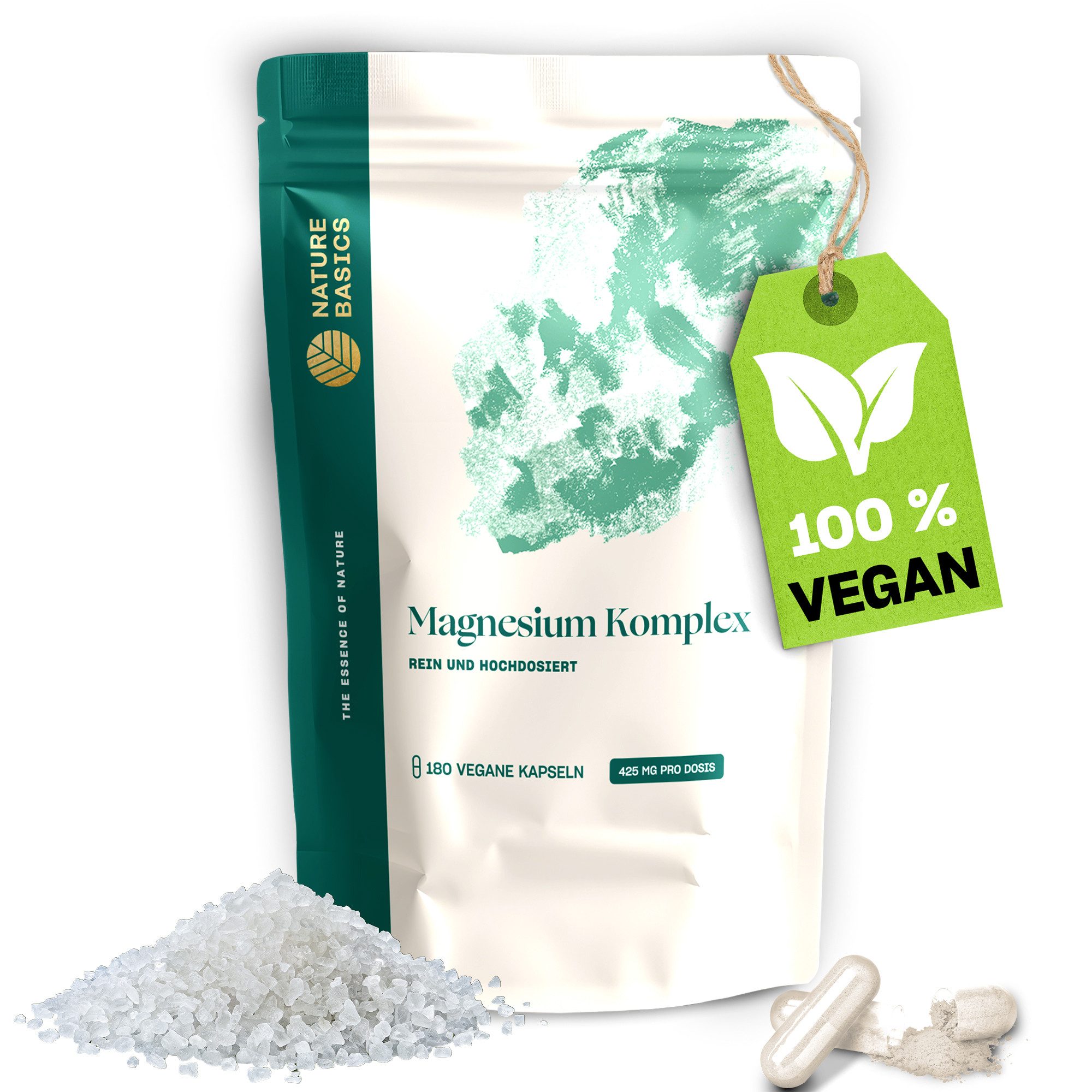 Nature Basics Hochwertiges natürliches Magnesium Vegan & Nachhaltig im Braunglas 180 Kapseln, 180 St., 140 g
