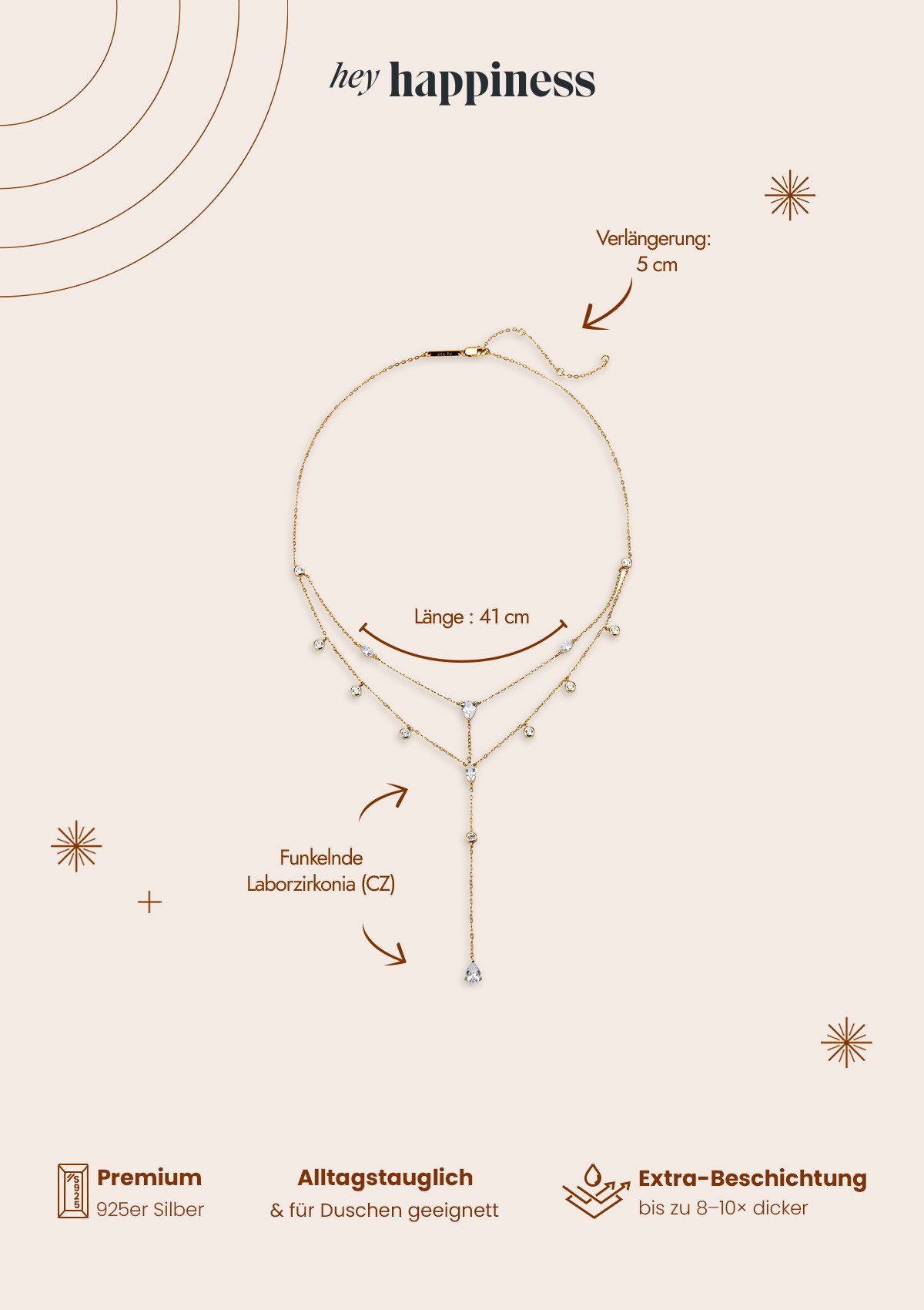 Hey Happiness Statementkette mit Tropfen Kristallen, Layering Kette, Damen Y-Kette 925 Silber vergoldet, Brautschmuck