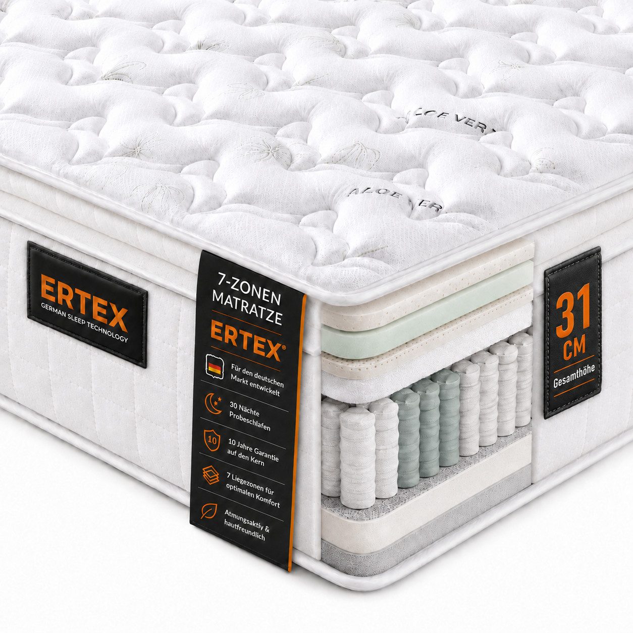Taschenfederkernmatratze ERTEX Hotel30 Federkernmatratze 7-Zonen Matratze Tonnentaschenkern H3, Ertex, 30 cm hoch, (1 Teilig), Orthopädisch, Aloe Vera Bezug, 7 Zonen Komfort