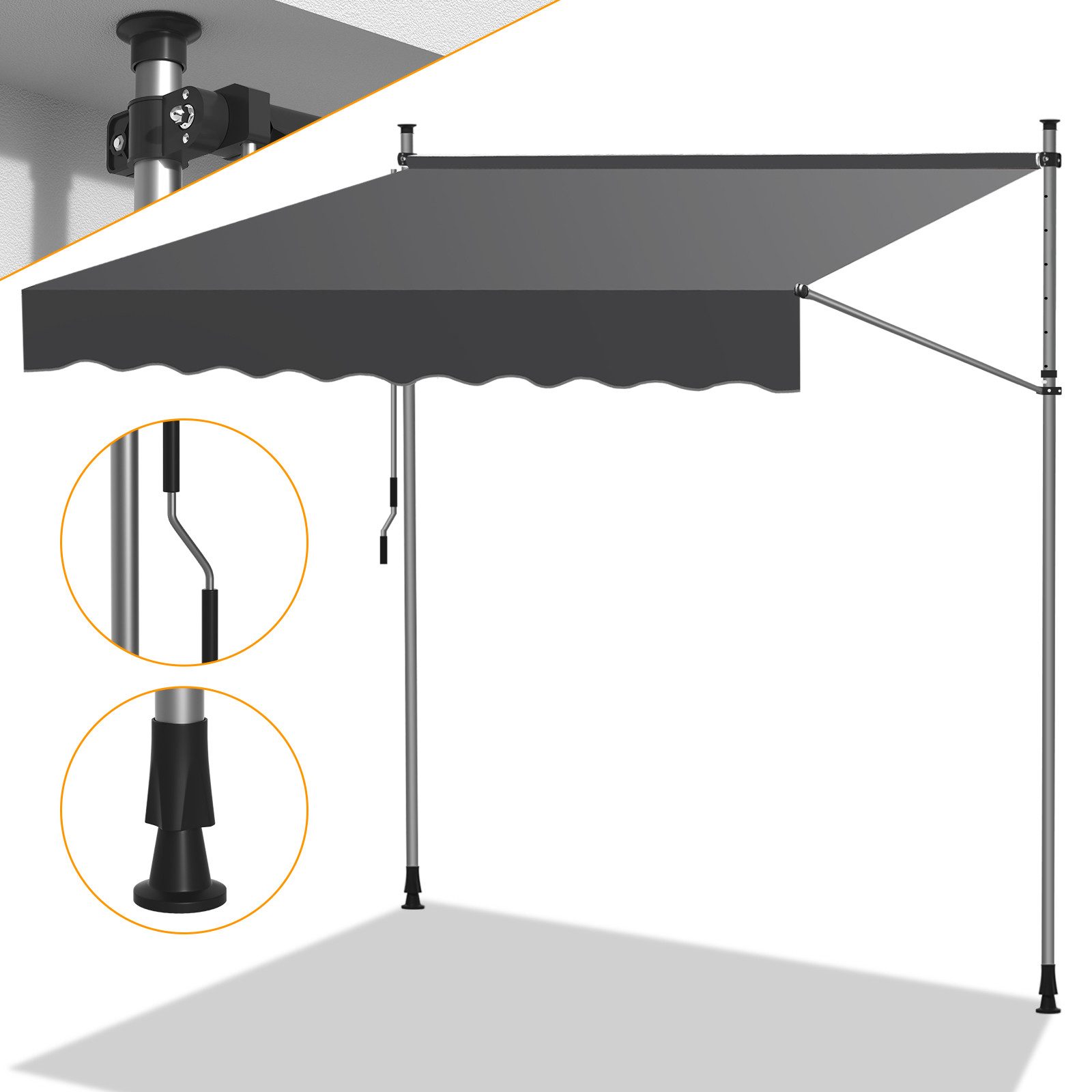 Clanmacy Klemmmarkise Klemmmarkise Balkonmarkise 350cm mit Handkurbel ohne Bohren Grau