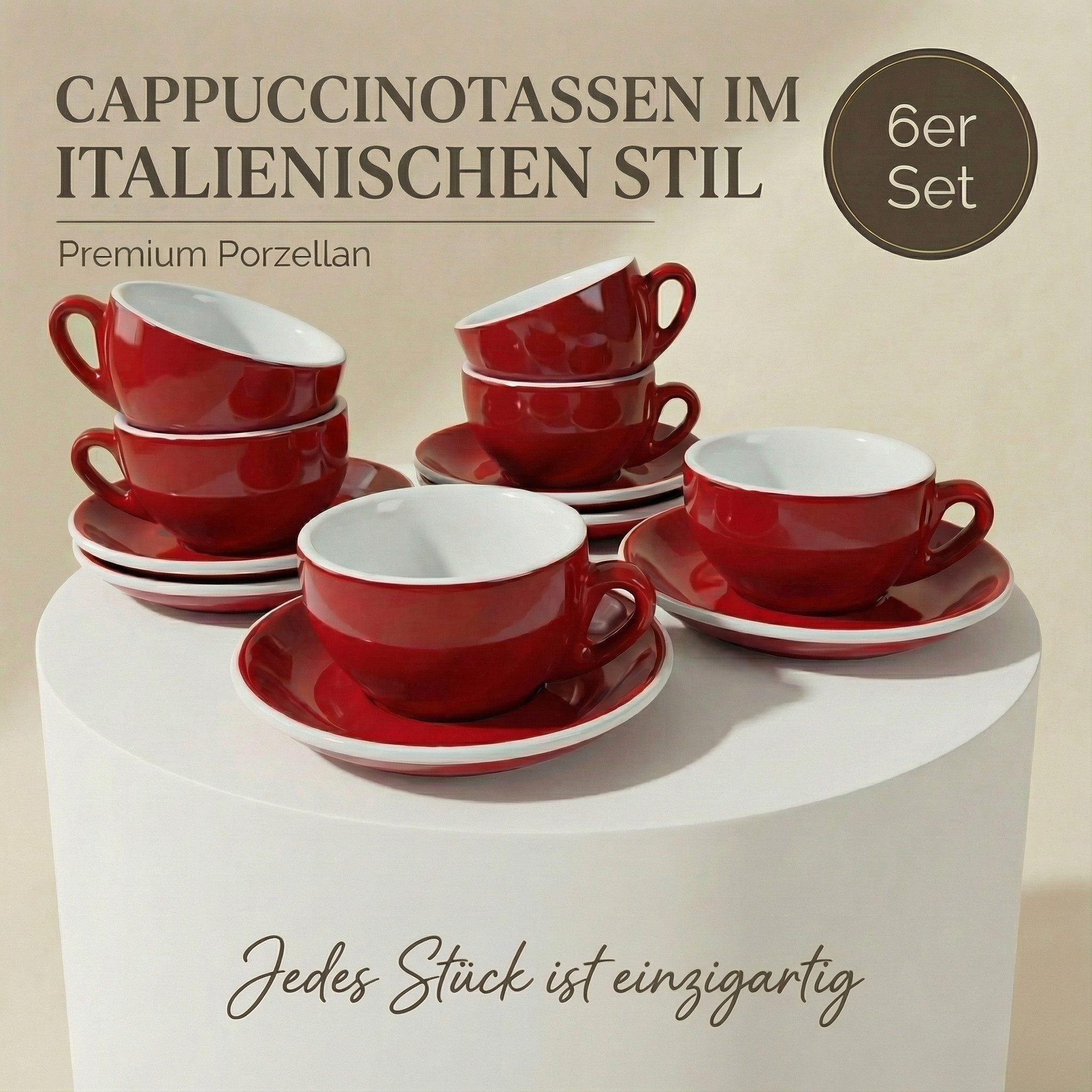 MUVELL Cappuccinotasse 6er Cappuccino-Set "ROM" inkl. Tasse 200ml + Untertasse, rot, 6-tlg., Keramik, 200 ml rot mit weißen Rand und Innenfläche