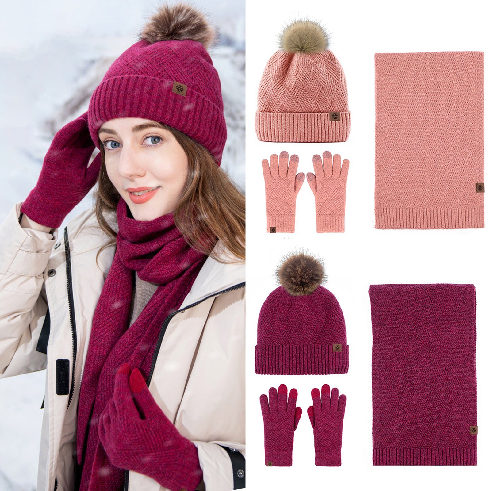 Rutaqian Beanie 3 in 1 Lang Winter Und Damen Handschuh Schal warmes Handschuhe Damen StrickmüTze für Beanie Warm Fleece-Set, Set) MüTze Set (kältebeständiges, Schal