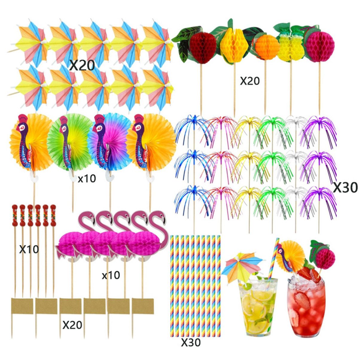 MOPUEA Cocktail-Set Cocktail Deko Schirmchen Strohhalme Party Zubehör, (Bunte Cocktail Dekoration aus Holz und Papier, 150-tlg., Praktisches Party-Accessoire für Getränke, Desserts und Snacks), Nachhaltig, wiederverwendbar, ideal für Bar, Café oder privat