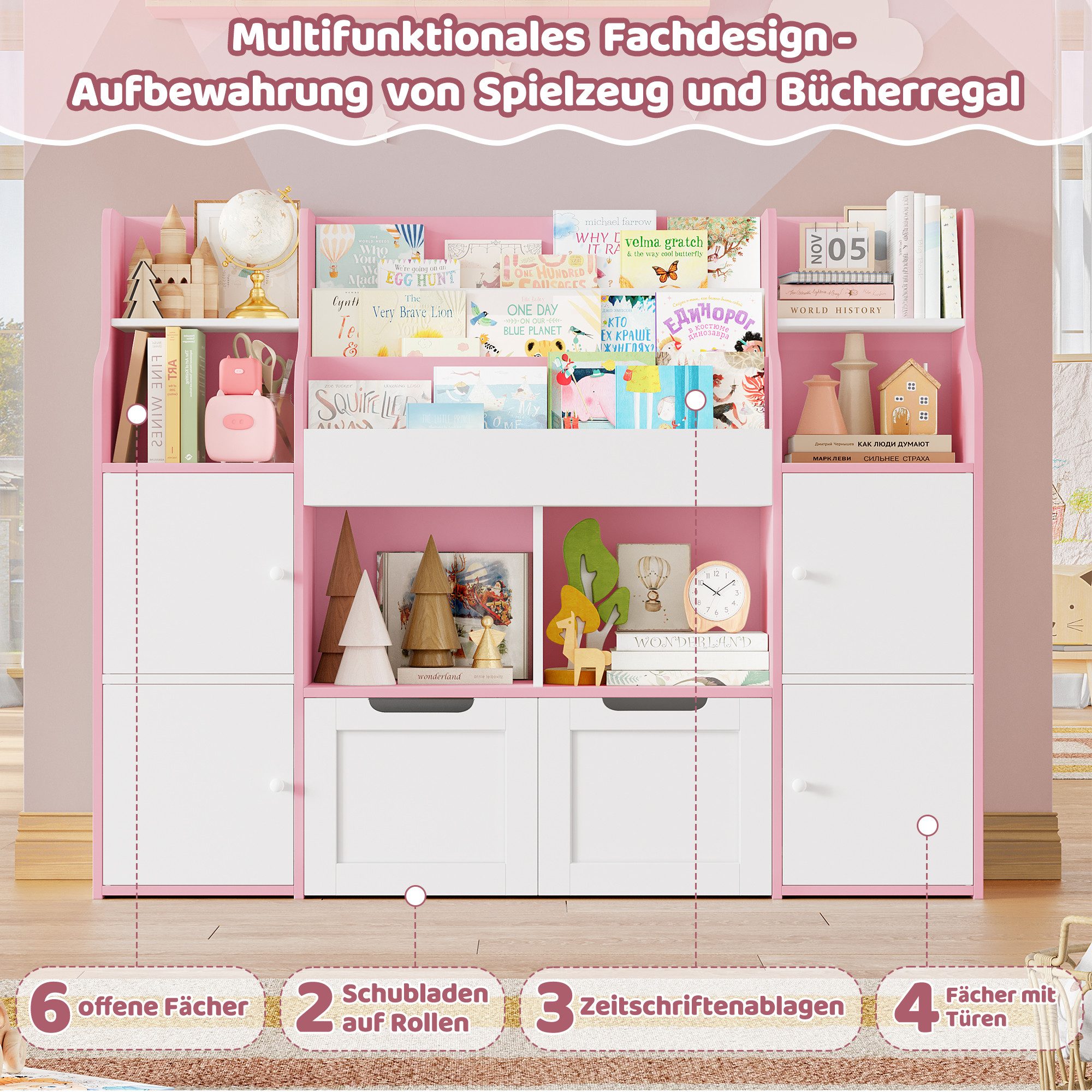 Homfa Kinderregal Spielzeugtruhe mit 2 Schubladen auf Rollen Bücherregal, Kinderbücherregal Spiegelregal mit Tür 126x104x30 cm weiß – Bild 4 von 5