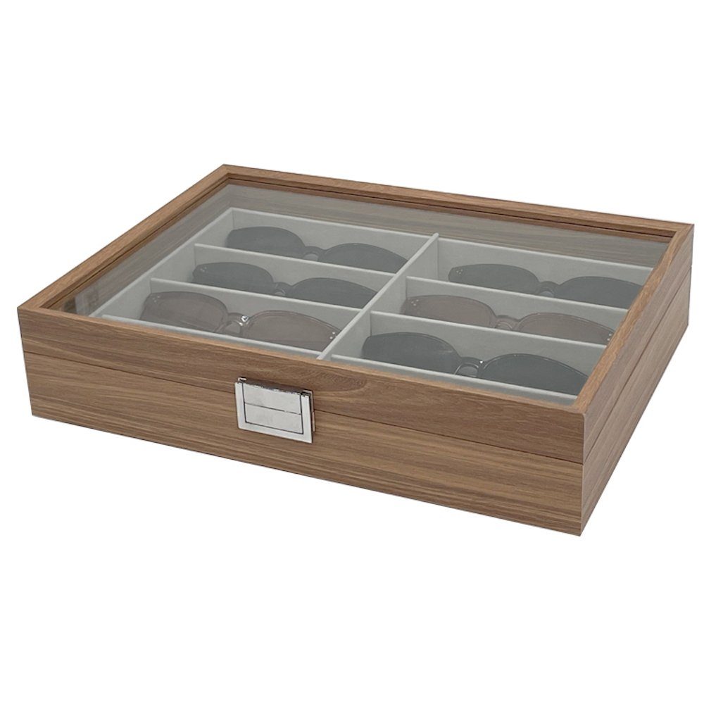mixed24 Brillenetui Holz Brillenkoffer für 8 Brillen, Brillenaufbewahrung mit Echtglas Deckel Brillenpräsentation