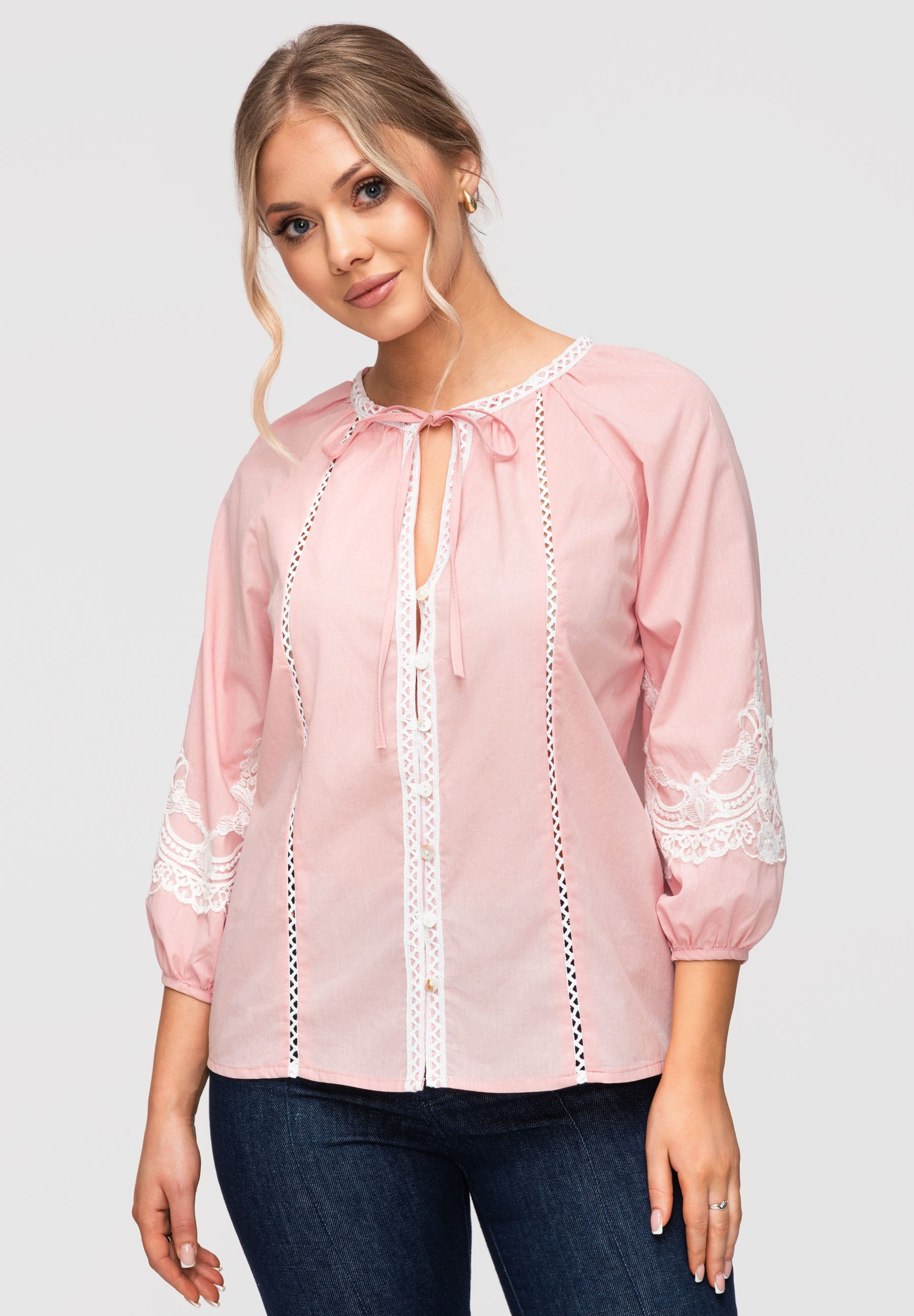 OMBRE Hemdbluse Damen Bluse Baumwolle Boho Stickerei Rose S (kein Set, 1-tlg) Ajour-Einsätze, Stickereien, Knopfleiste