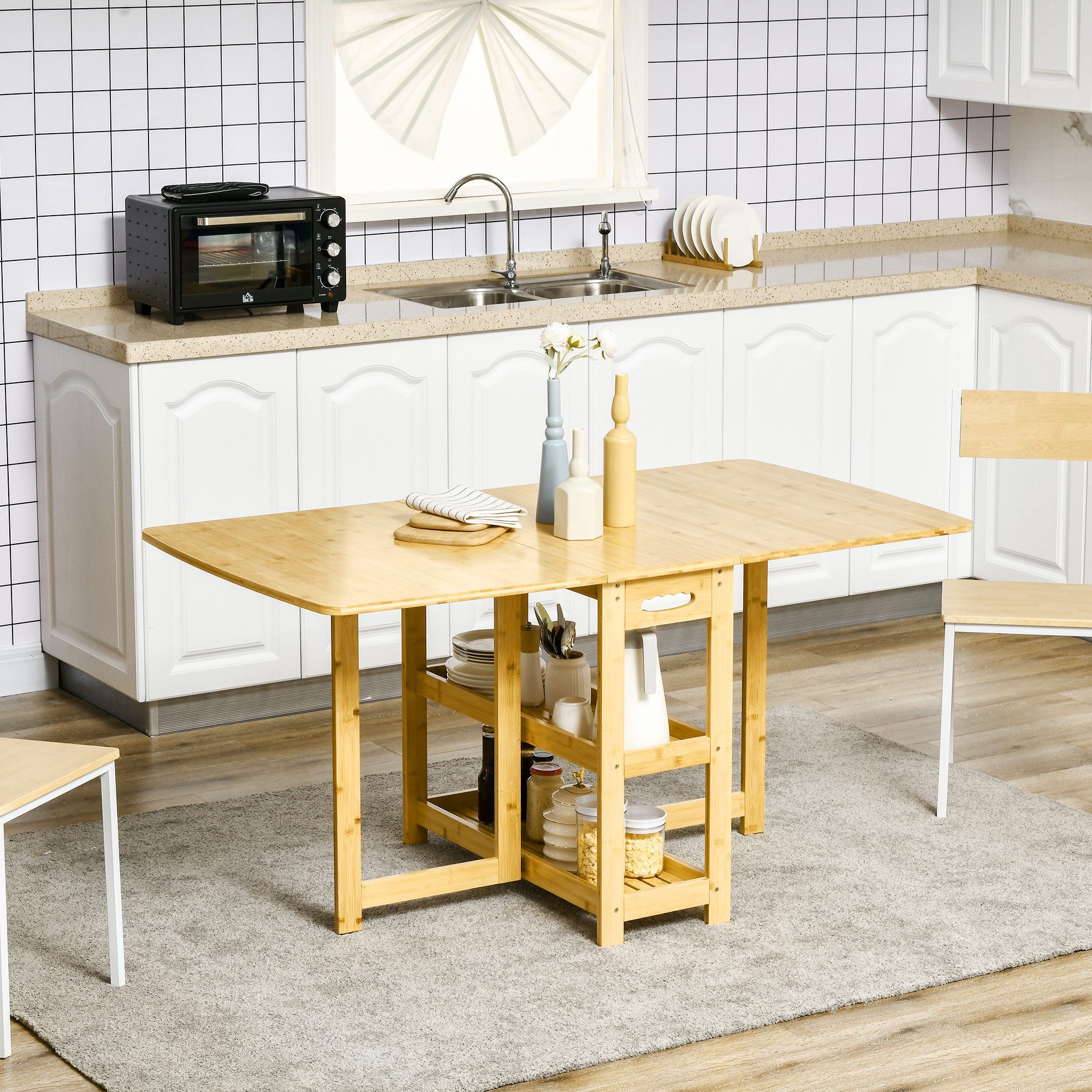 HOMCOM Klapptisch Klappbarer Esstisch mit Ablagen Küchentisch für kleine Räume (Kaffeetisch, 1-St., Esszimmertisch), Bambus Naturholz 149,5 x 80 x 73,5 cm
