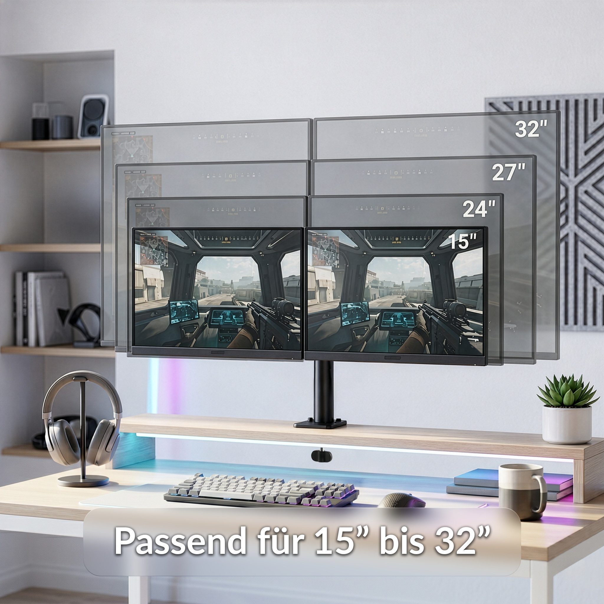 Kubus Monitor-Halterung höhenverstellbar mit Tischklemme, passend für 15-32 Zoll, (bis 32 Zoll, Monitorhalterung inkl. Montagematerial und Werkzeug, Werkzeughalter integriert, Kabelmanagement)