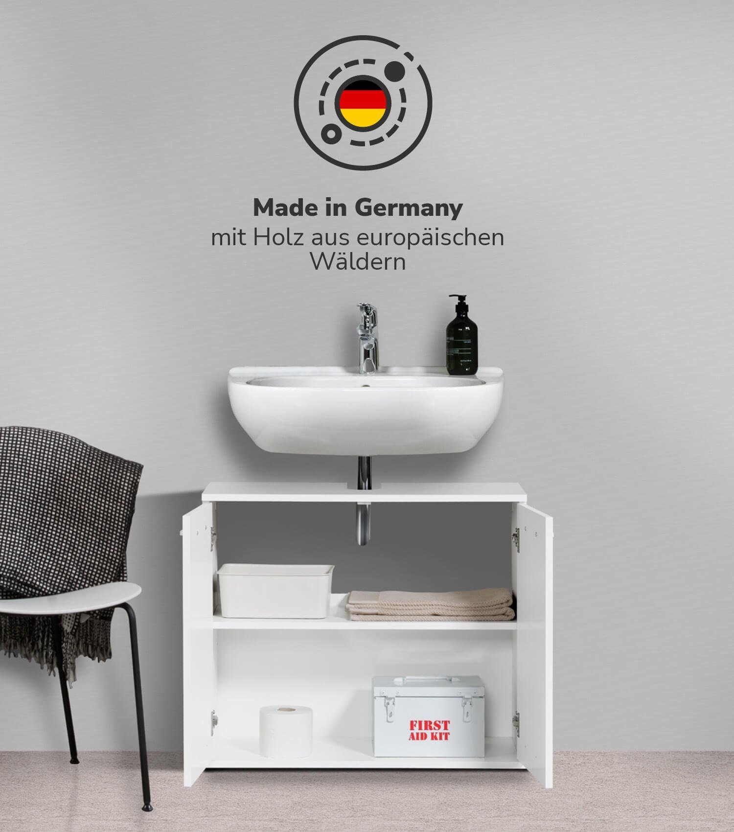 mokebo Waschbeckenunterschrank Der Waschbär (mit Einlegeboden) Badezimmerschrank Holz, aus Weiß, Alpinweiß Badschrank in Waschtischunterschrank Alpinweiß 