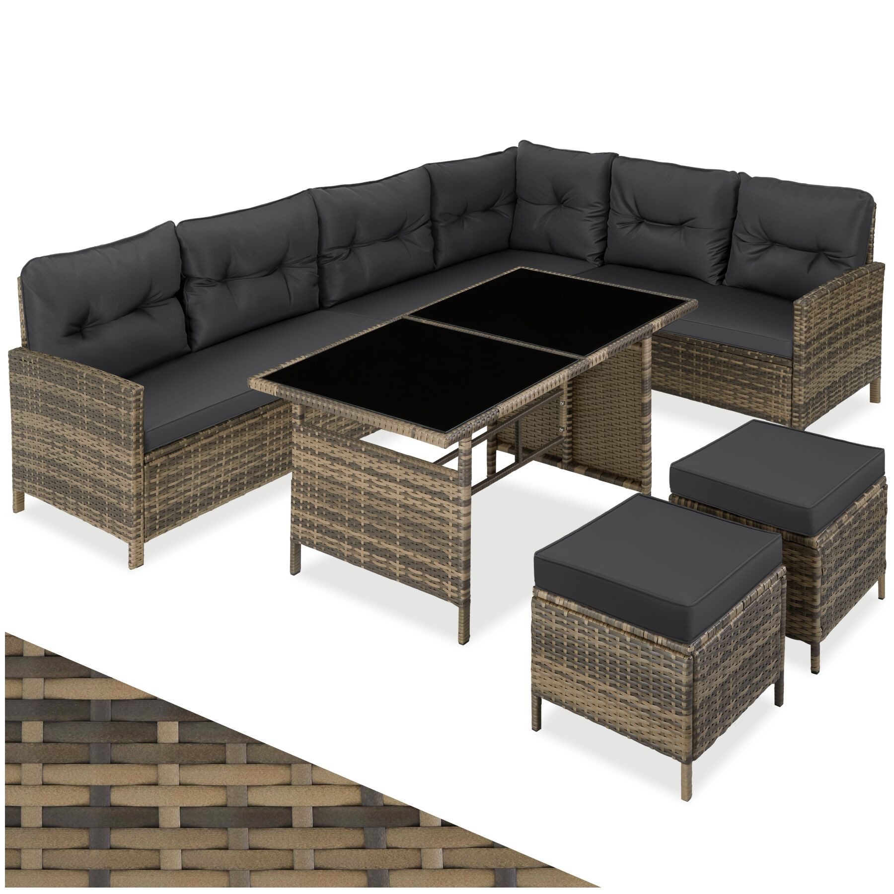 tectake Loungeset Rattan Sitzgruppe mit Sicherheitsglasplatten, für 6 bis 8 Personen, (Gartenlounge-set Barletta, 6-tlg., geeignet für Outdoor in Natur), widerstandsfähig und UV-beständig, dicke Rückenkissen