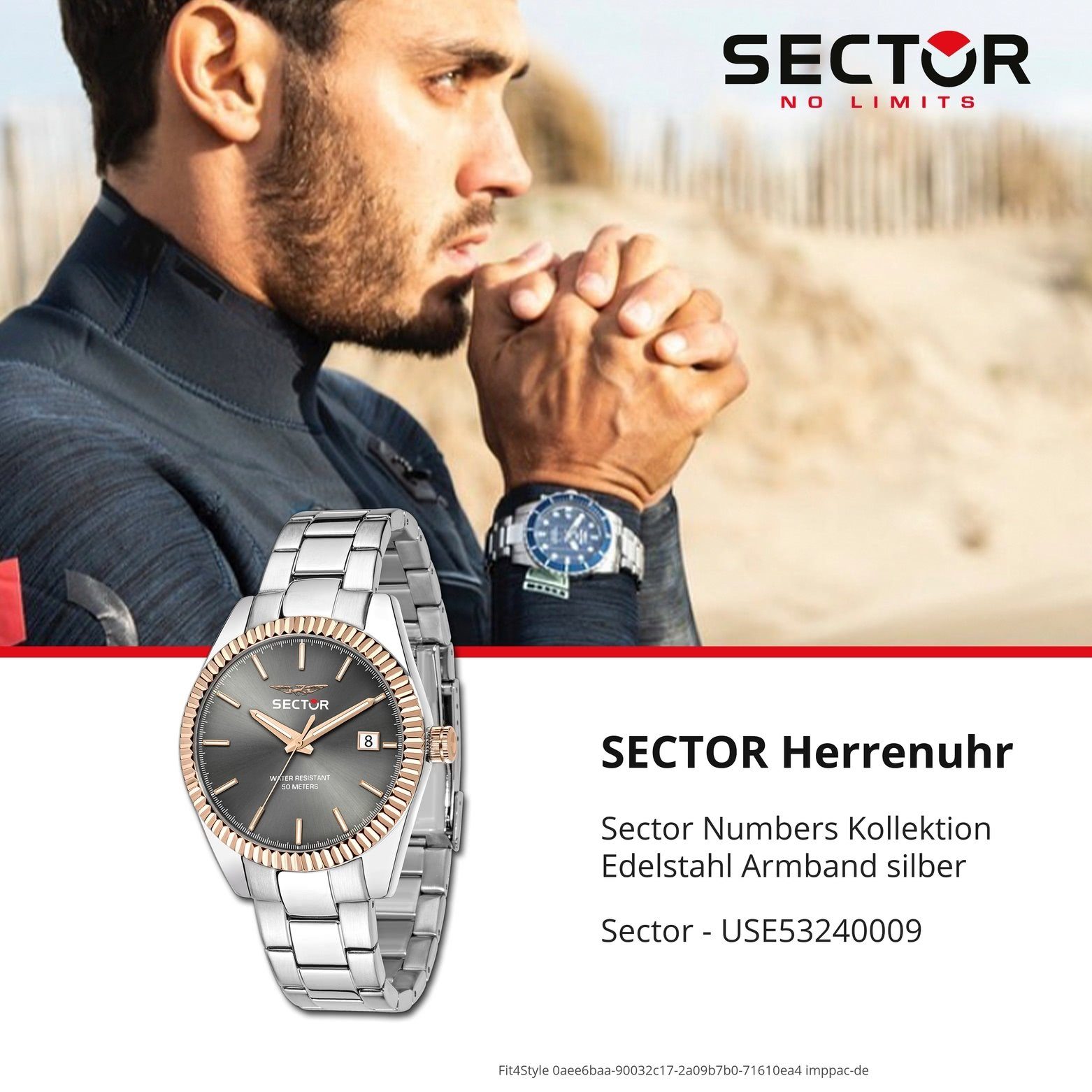 mittel Herren Sector silber, Quarzuhr Herren Armbanduhr (ca. 35mm), Sector rund, Fa Armbanduhr Analog, Edelstahlarmband
