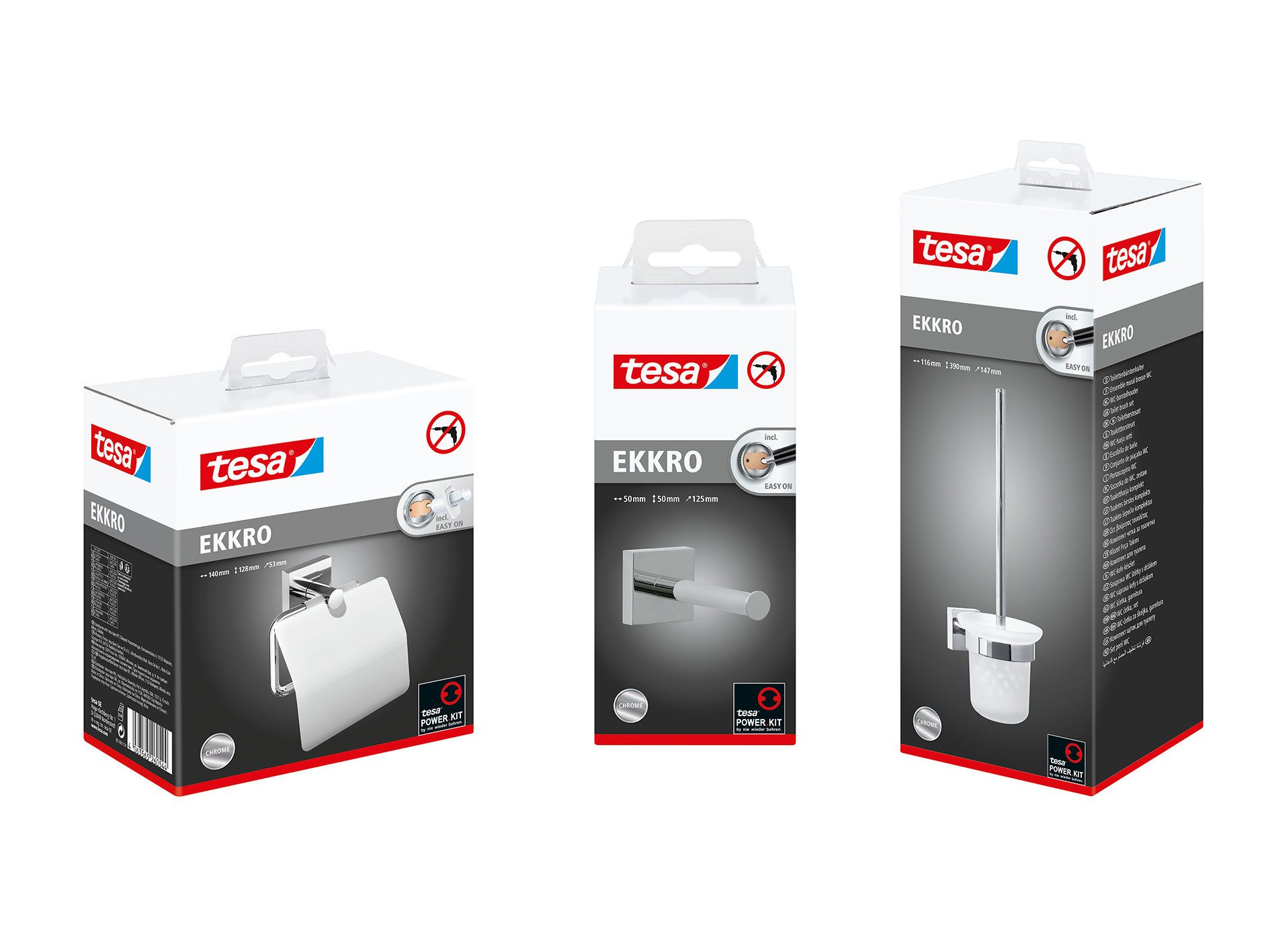 tesa Badaccessoire-Set EKKRO Toilettenbürsten Set ohne Bohren, Spar-Set, 3 tlg., selbstklebend - chrom - silber glänzend