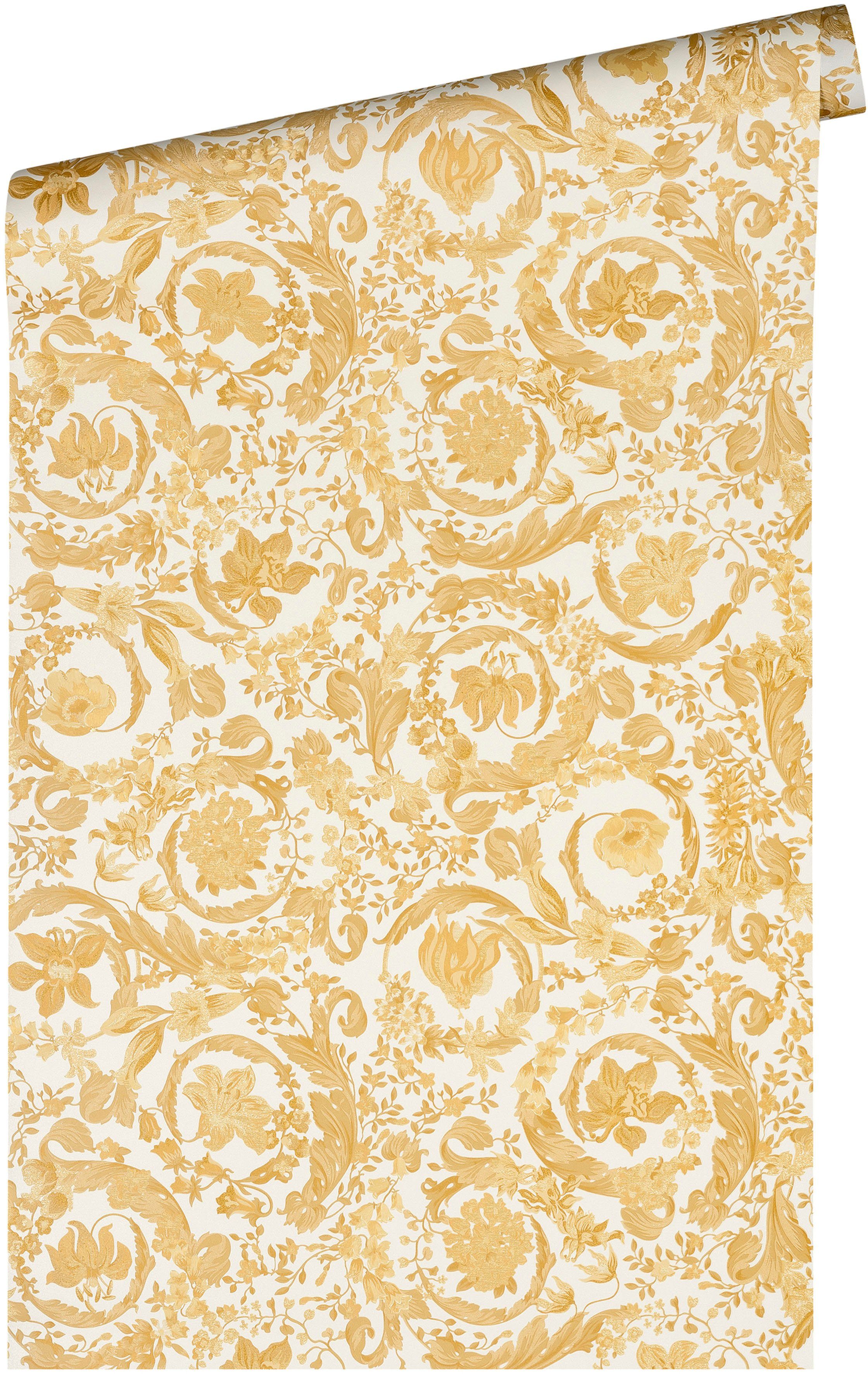 5 strukturiert, glänzend, goldfarben/weiß (1 St), leicht Versace Floral, Versace Vliestapete Wallpaper leicht Designertapete