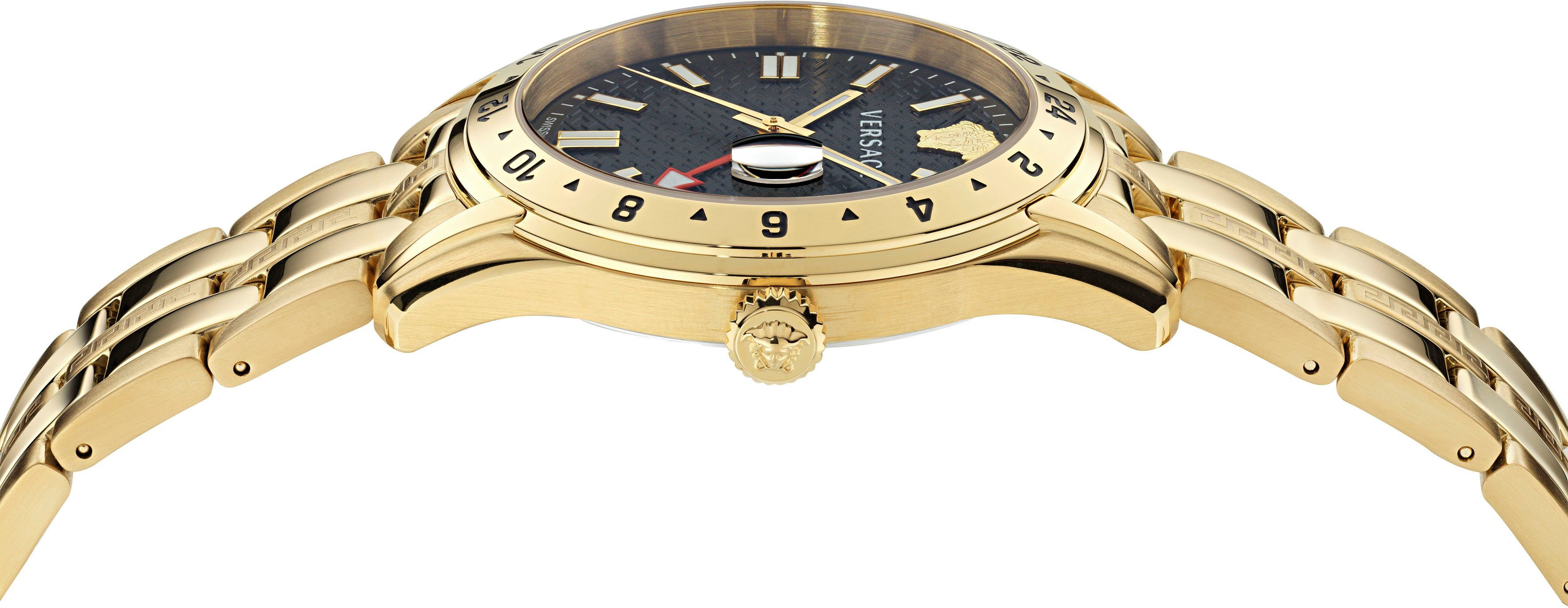 Zinszahlung im Voraus Versace Quarzuhr GRECA Armband VE7C00723, aus Edelstahl goldfarben TIME IP-beschichtetem GMT