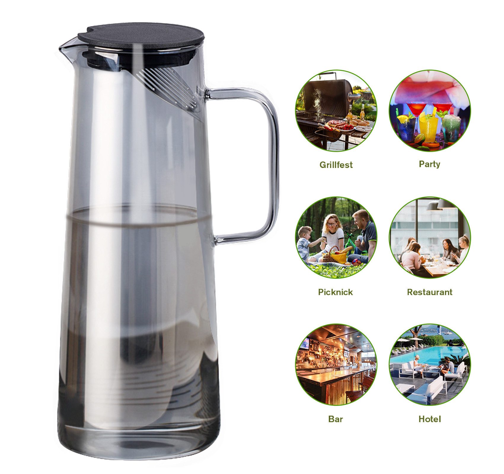 ElitVita Karaffe 1,8L Wasserkaraffe Eistee Krug, Hitzebeständig Glas, -30°C~150°C, (1-tlg), mit Griff und Deckel, für Fruchtsäfte Teegetränke Milch Kaffee Wein