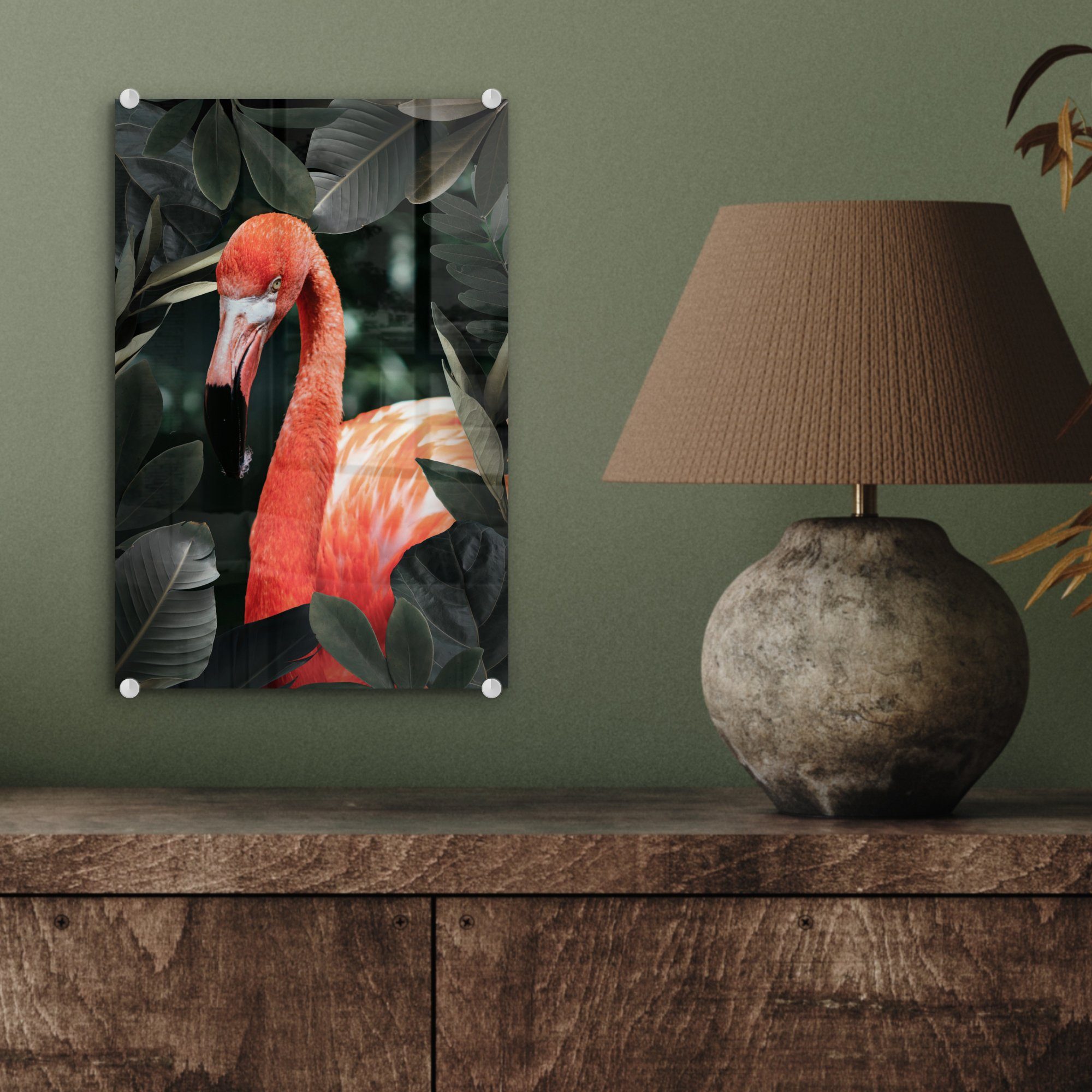 Flamingo Glas Glas - Blätter MuchoWow (1 auf Wanddekoration St), Acrylglasbild - Wandbild Glasbilder bunt - Grün, - - Bilder Foto auf