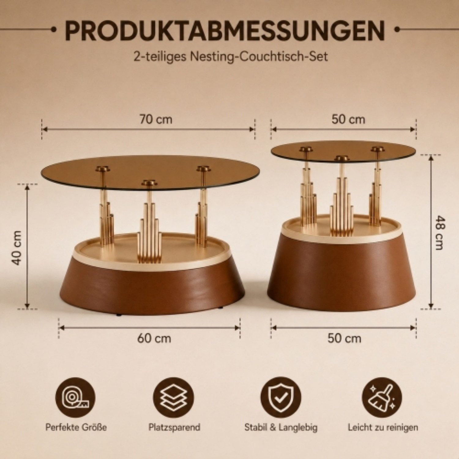 ANYSUN Couchtisch 2er Satztisch-Set rund, gehärtetes Glas, Metallgestell, Wohnzimmer (2-teiliges Set), Flexibel kombinierbar, pflegeleicht, ca. Ø70/H40 & Ø50/H48 cm