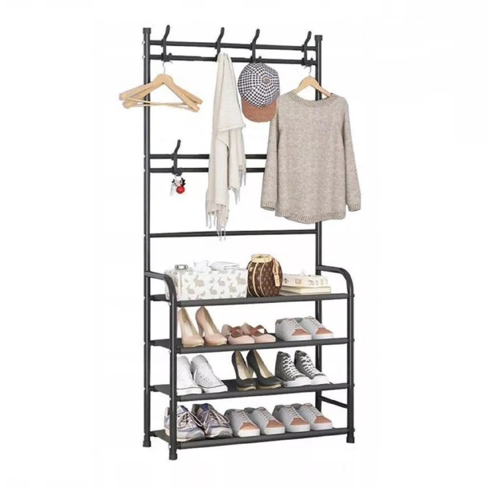 QLS Garderobenständer, mit Schuhregal 8 Haken 4 Ebenen Freistehend Stahl Sc günstig online kaufen
