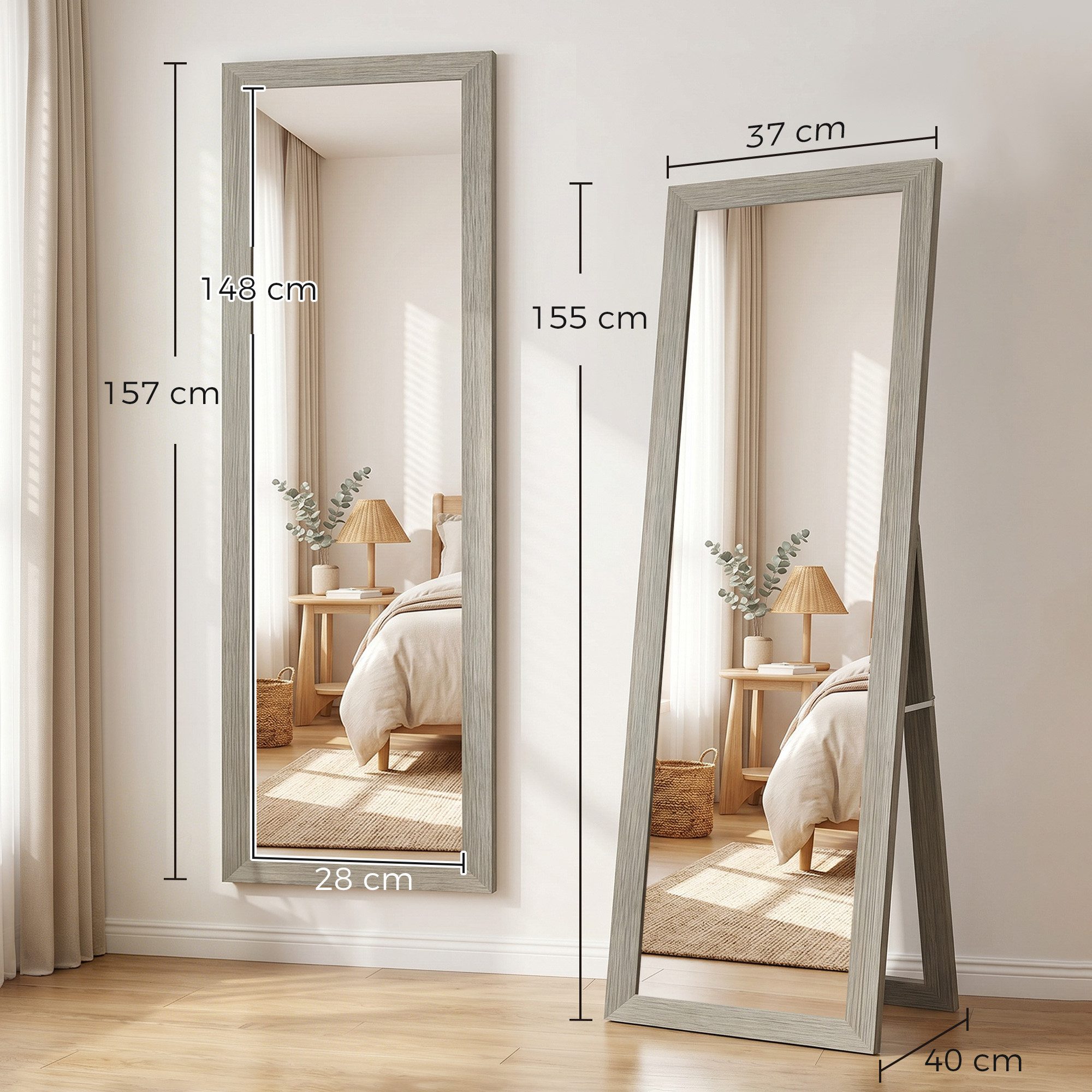 HOMCOM Standspiegel Ganzkörperspiegel Rechteckig, Holzoptik, groß, für Flur, Wohnzimmer (Set, 1-St., Ganzkörperspiegel, Stand- und Wandmontage), Ganzkörperspiegel, Stand- und Wandmontage