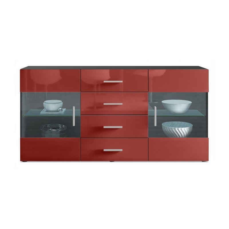 Vladon Sideboard Bari (Kommode mit 2 Двері, 4 Висувні ящики und 2 flexible Glaseinlegeböden), Schwarz matt/Bordeaux Hochglanz (139 x 72 x 35)