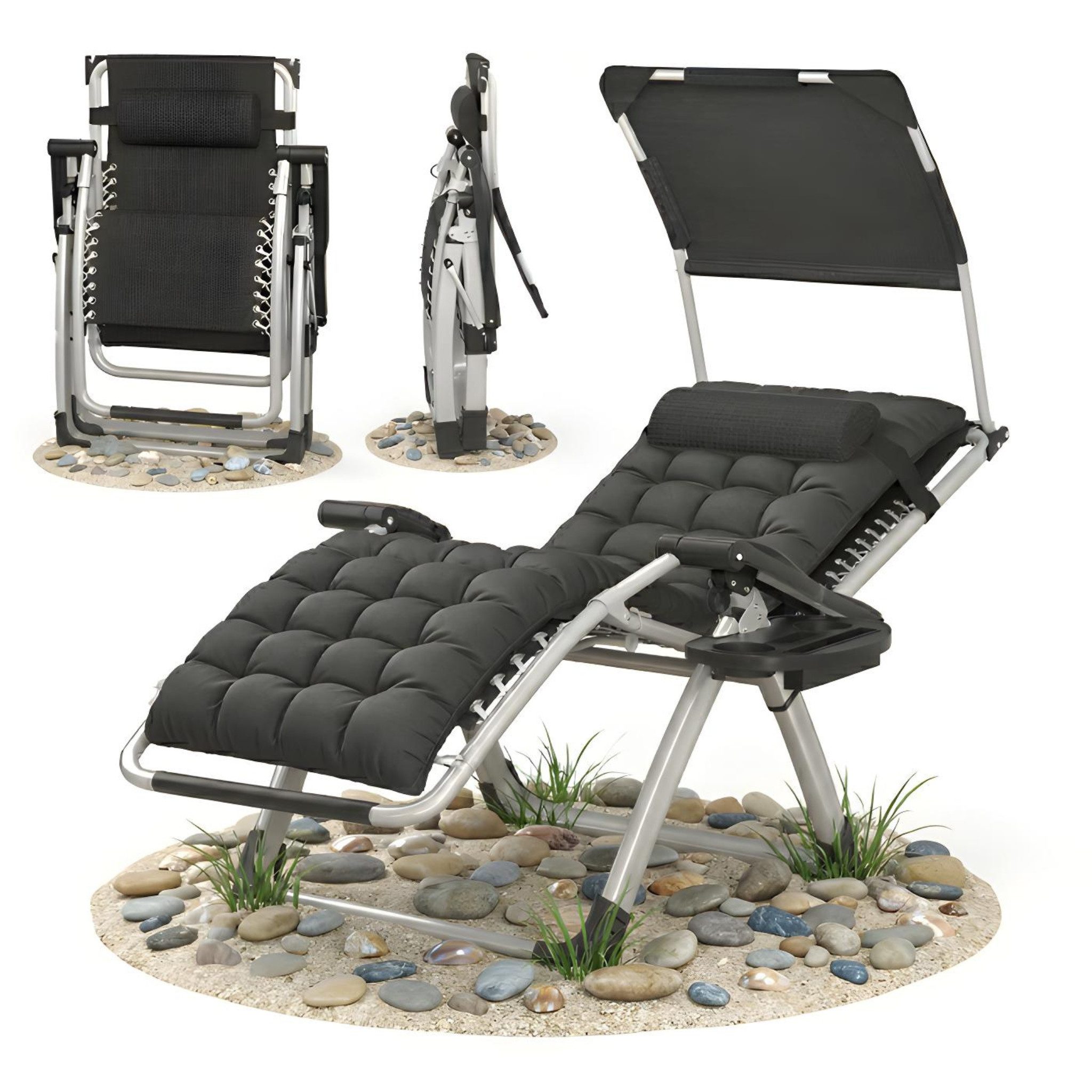 Norvéa Home Relaxliege Relaxliege Gartenliege klappbar mit Sonnendach Polster 150 kg, Einzelartikel, 6-fach verstellbar, klappbar, mit Auflage und Kopfkissen