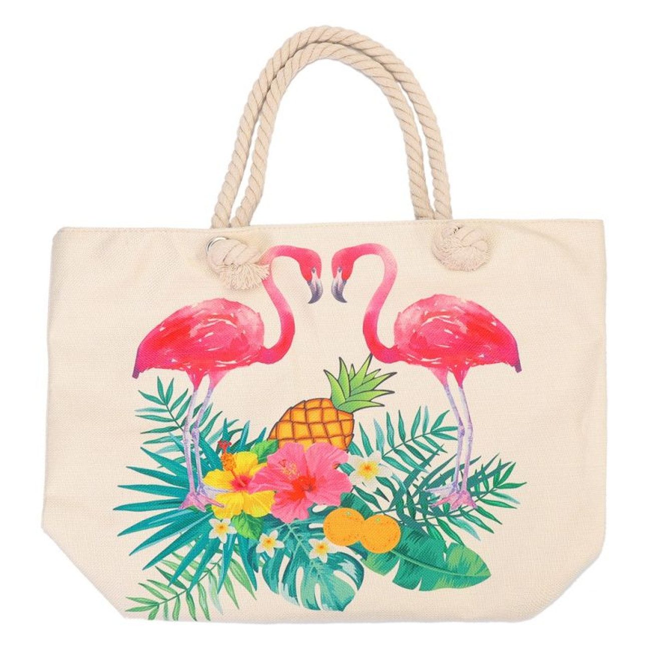 KARMA Strandtasche Damen Flamingo bunt Badetasche mit Reißverschluss (Urlaubstasche, Shopper, Strandshopper, modern), Textil Tasche für Strand, Urlaub, Pool, See, Sommer, Freizeit