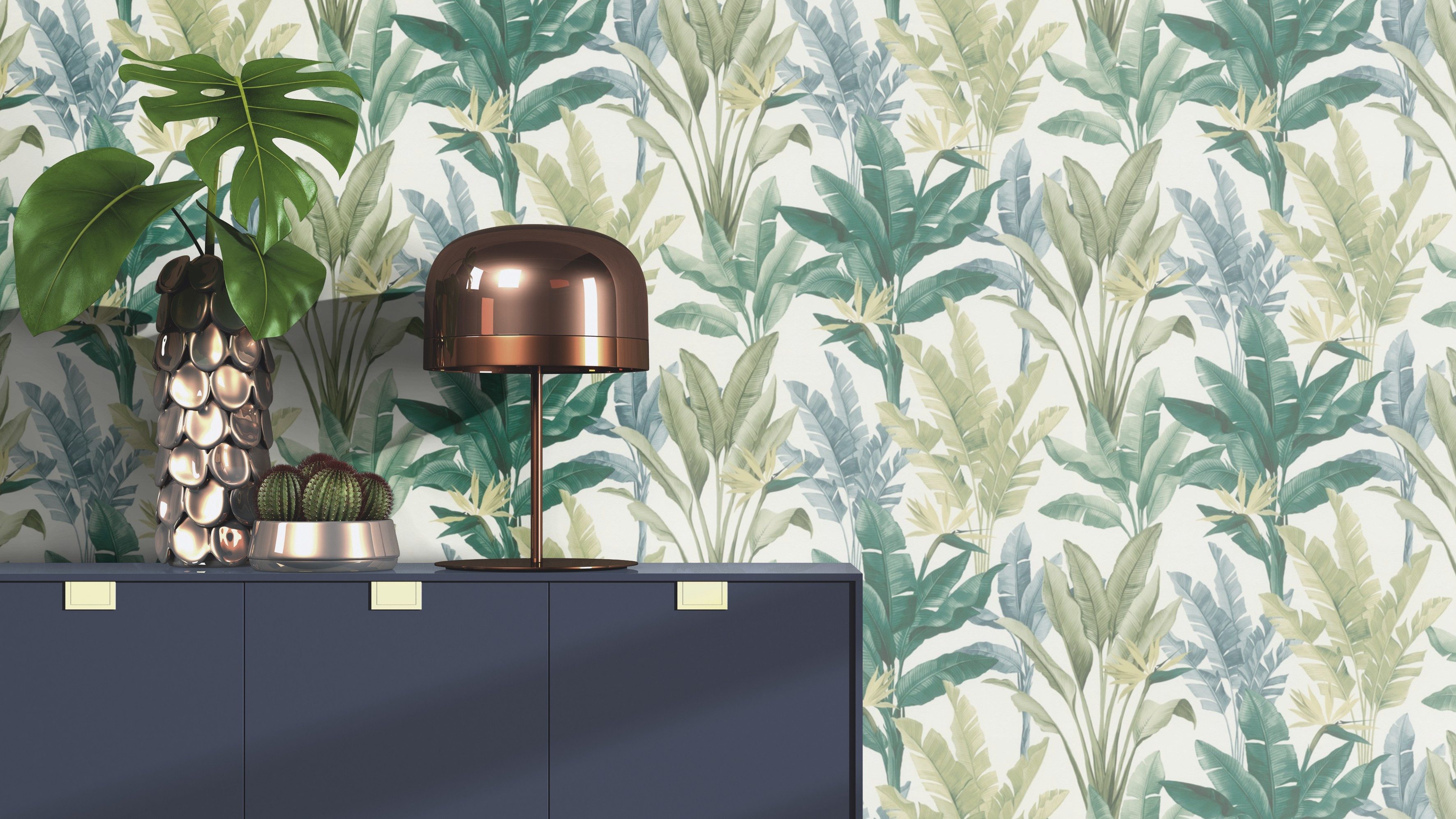 Rasch Papiertapete Tapete mit grünen Palmenblättern, glatt, tropisch, Palmen