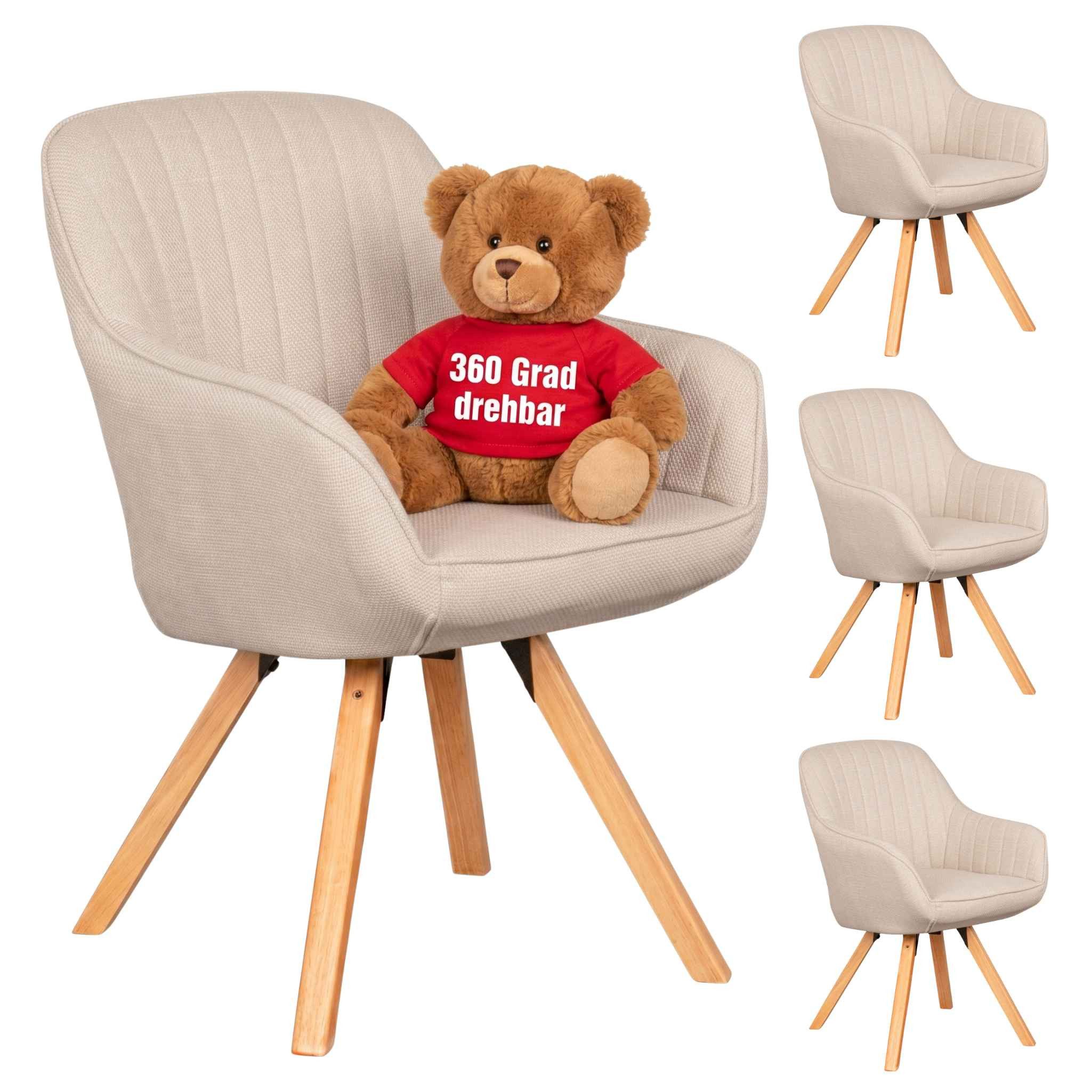 MR.DEKO Esszimmerstuhl 4er Set Matera beige drehbar mit Armlehnen FSC®-zertifiziert (einzelnd, oder als Set erhältich für Küche und Esszimmer, 4 St), 360° Drehfunktion, stabile FSC® 100% Holzbeine, weiche Polsterung