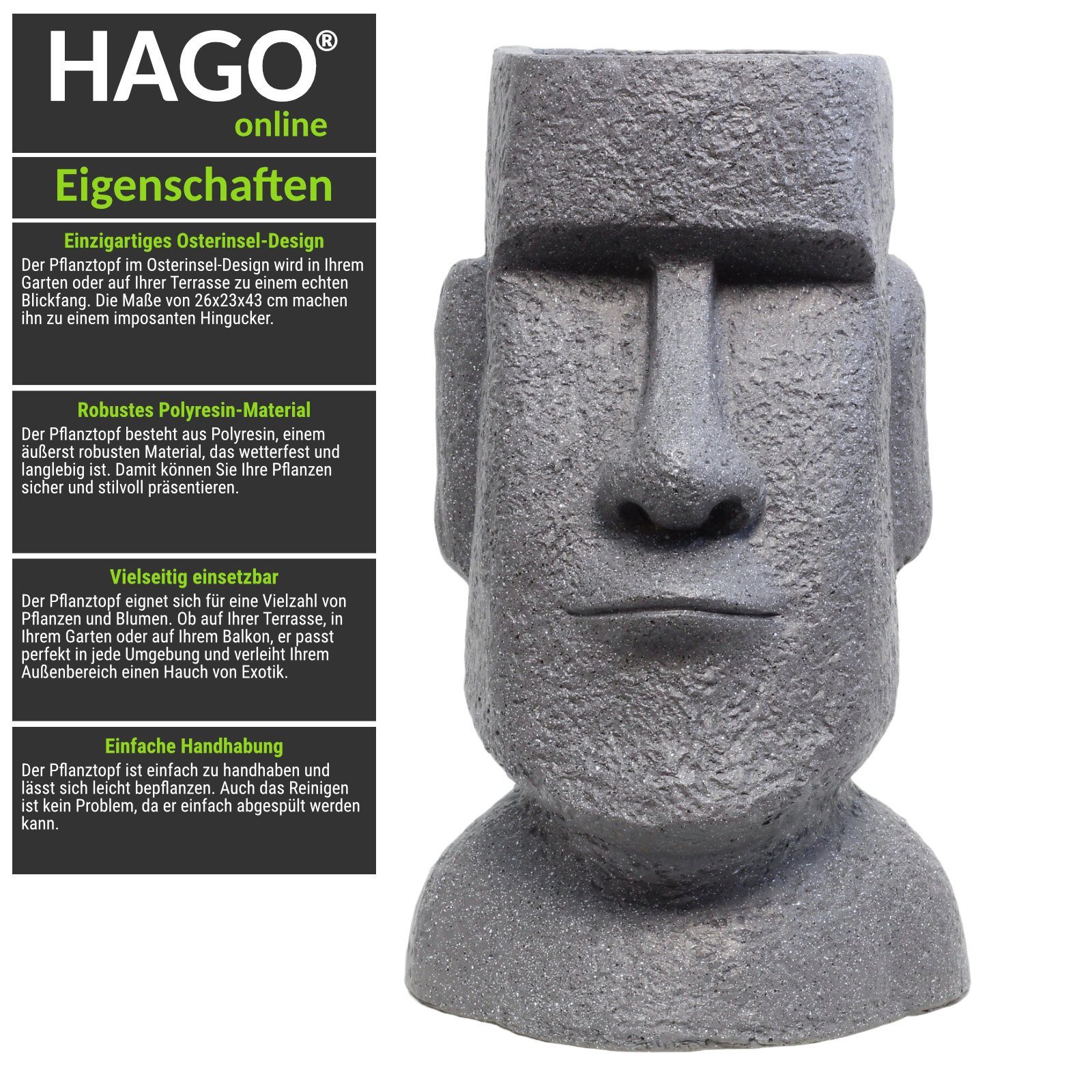 Outdoor Blickfang Grau Mystisch HAGO Blumentopf Buddhafigur Osterinsel Moai Eye-Catcher