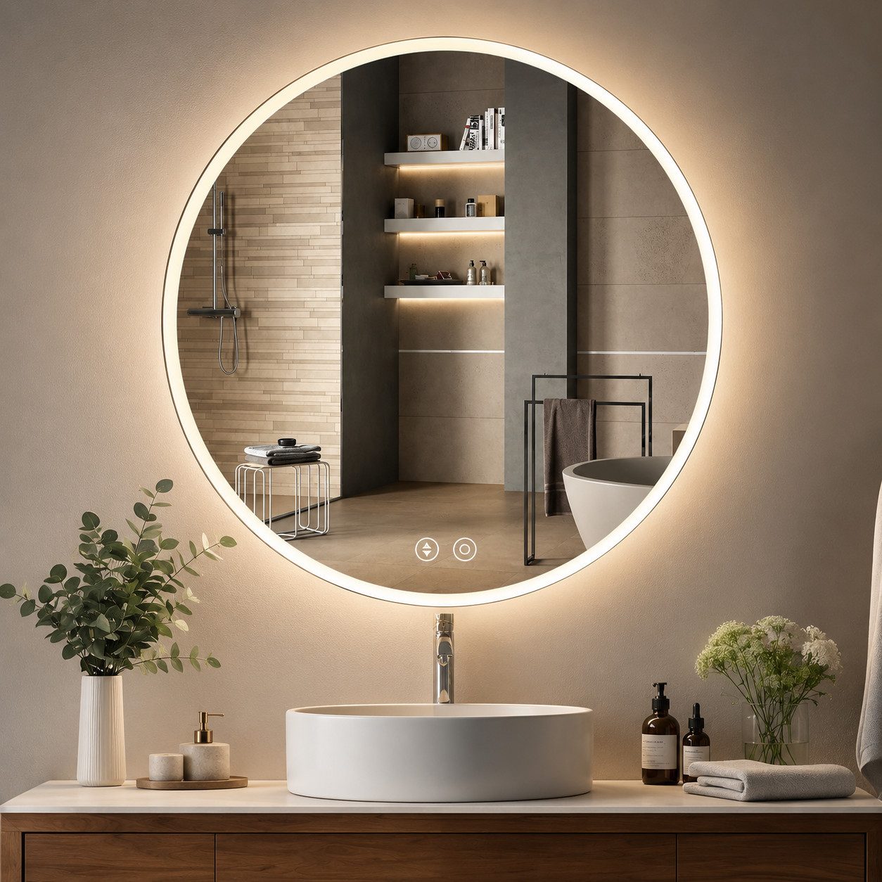 Nagham Ghazal Aswad Badspiegel LED Spiegel 60 Rund, LED Badspiegel rund mit Antibeschlagfunktion und 3 Lichtfarben