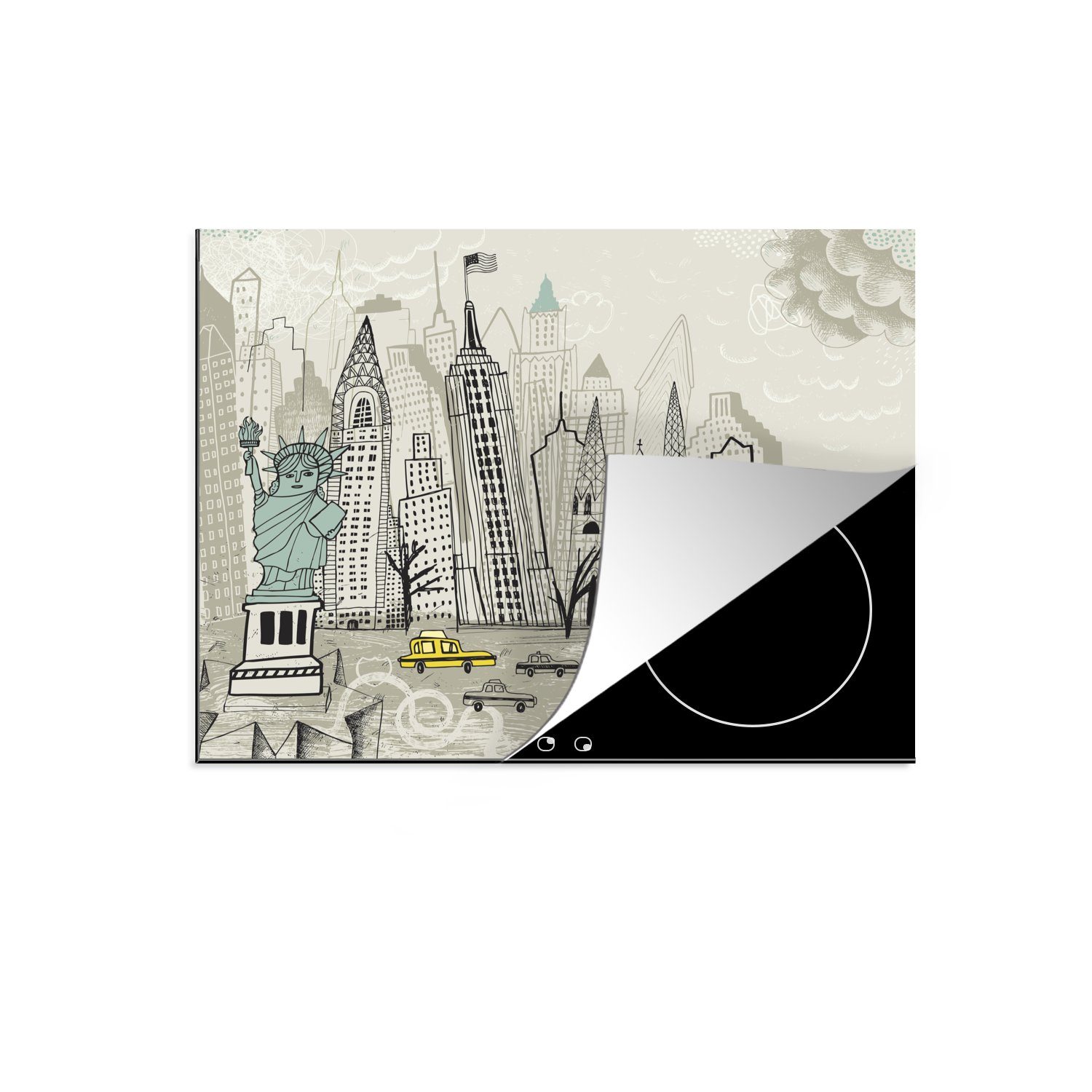 Herdblende-/Abdeckplatte Arbeitsfläche tlg), nutzbar, New (1 60x52 Skyline, Vinyl, York Mobile Ceranfeldabdeckung - cm, - MuchoWow Zeichnung