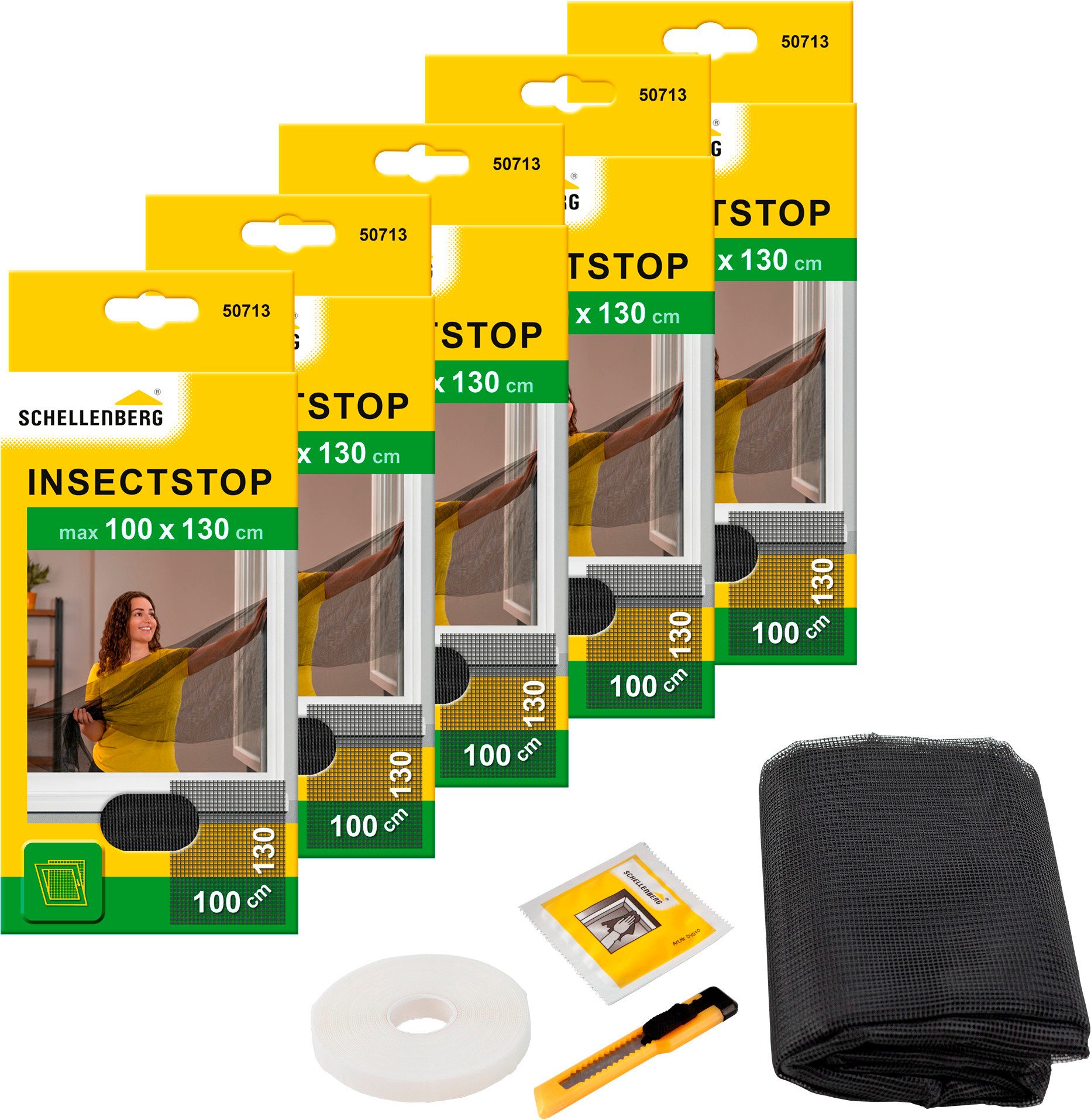 SCHELLENBERG Fliegengitter-Gewebe für Fenster ohne bohren, (Set, 5-St), Insektenschutz mit Klettband, 100 x 130 cm, anthrazit und weiß