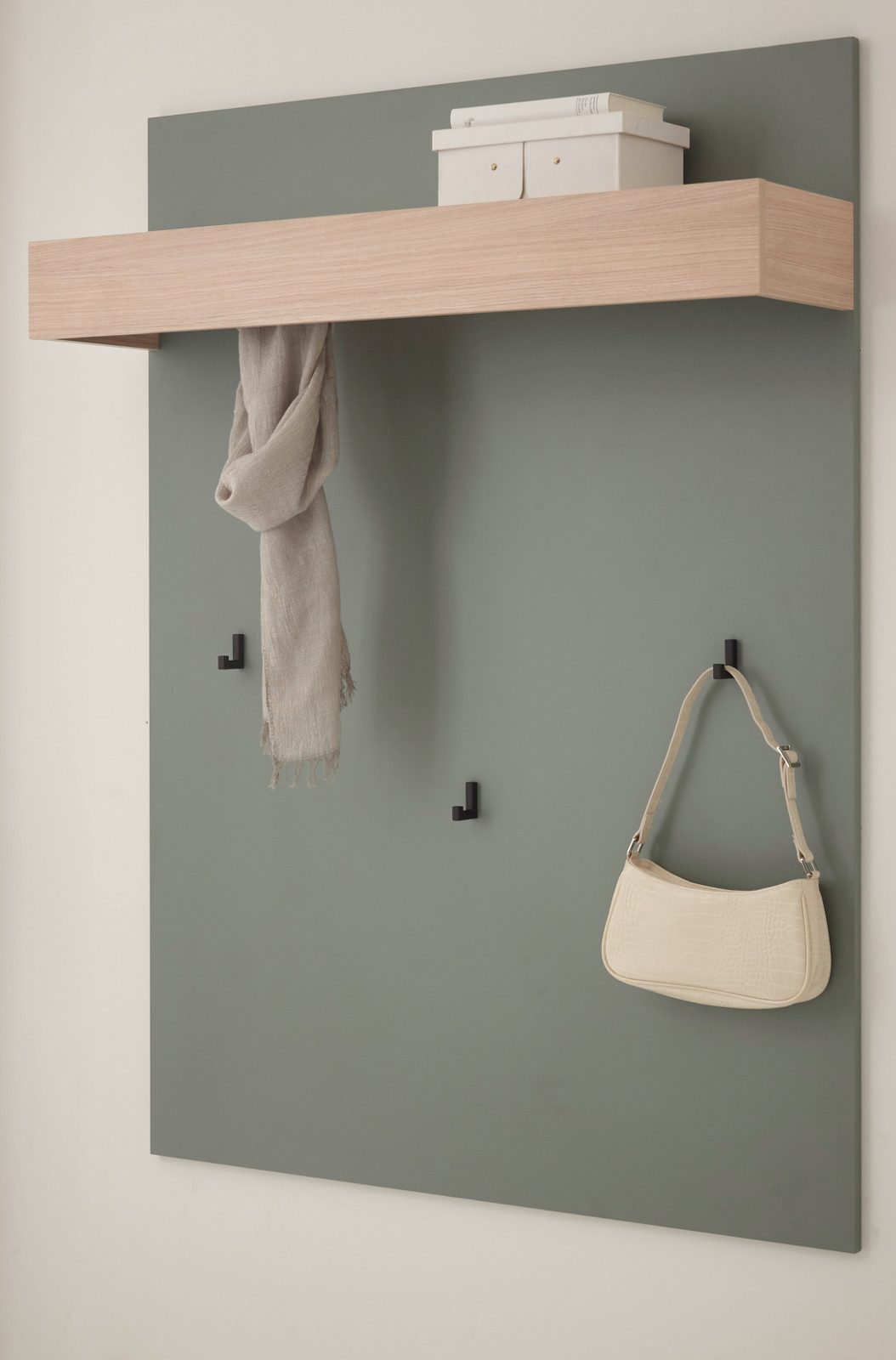 Furn.Design Garderobenpaneel Center (Wandgarderobe in Salbei Grün mit Eiche Dekor, 100 x 135 cm), verdeckte Kleiderstange