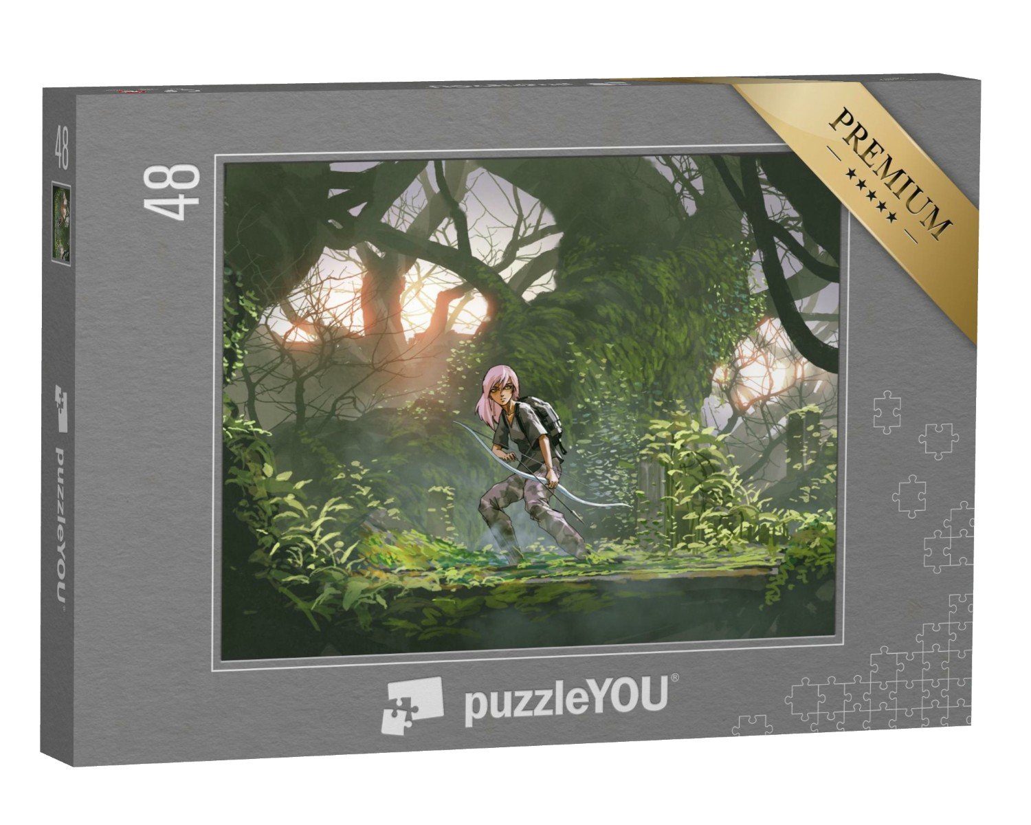 puzzleYOU Puzzle Mädchen mit Bogen im Wald auf Abenteuerjagd, 48 Puzzleteile, puzzleYOU-Kollektionen Illustrationen