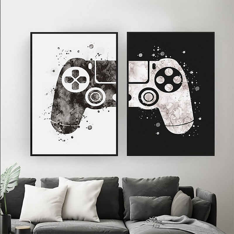 TPFLiving Kunstdruck (OHNE RAHMEN) Poster - Leinwand - Wandbild, Aquarell Gamepad, Spielekonsole, Computerspiele - (Jugendzimmer, Kinderzimmer, Kunstdruck), Farben: schwarz, weiß - Größe: 30x40cm