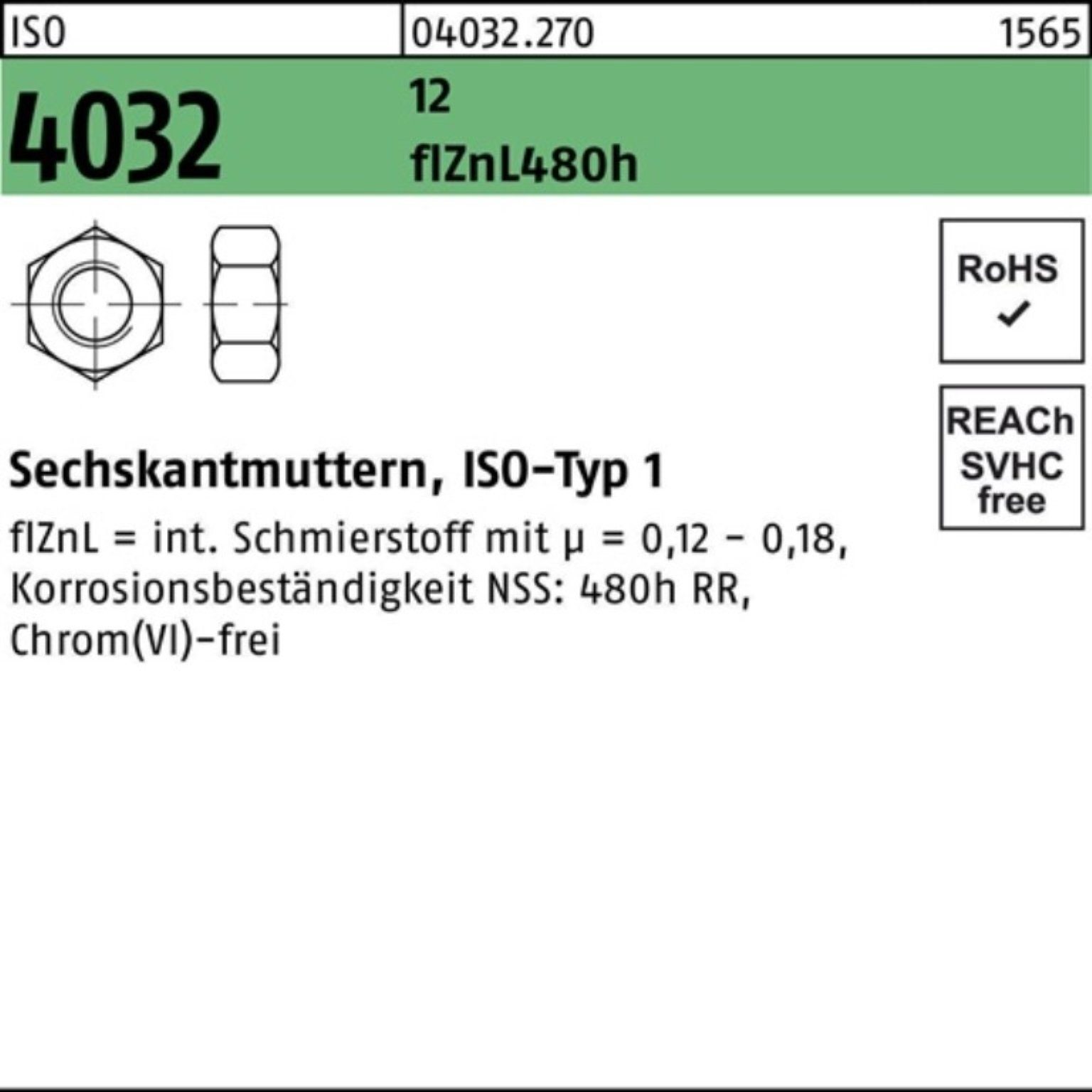 Bufab Muttern 100er Pack Sechskantmutter ISO 4032 M8 12 flZnL 480h zinklamellenb. 10