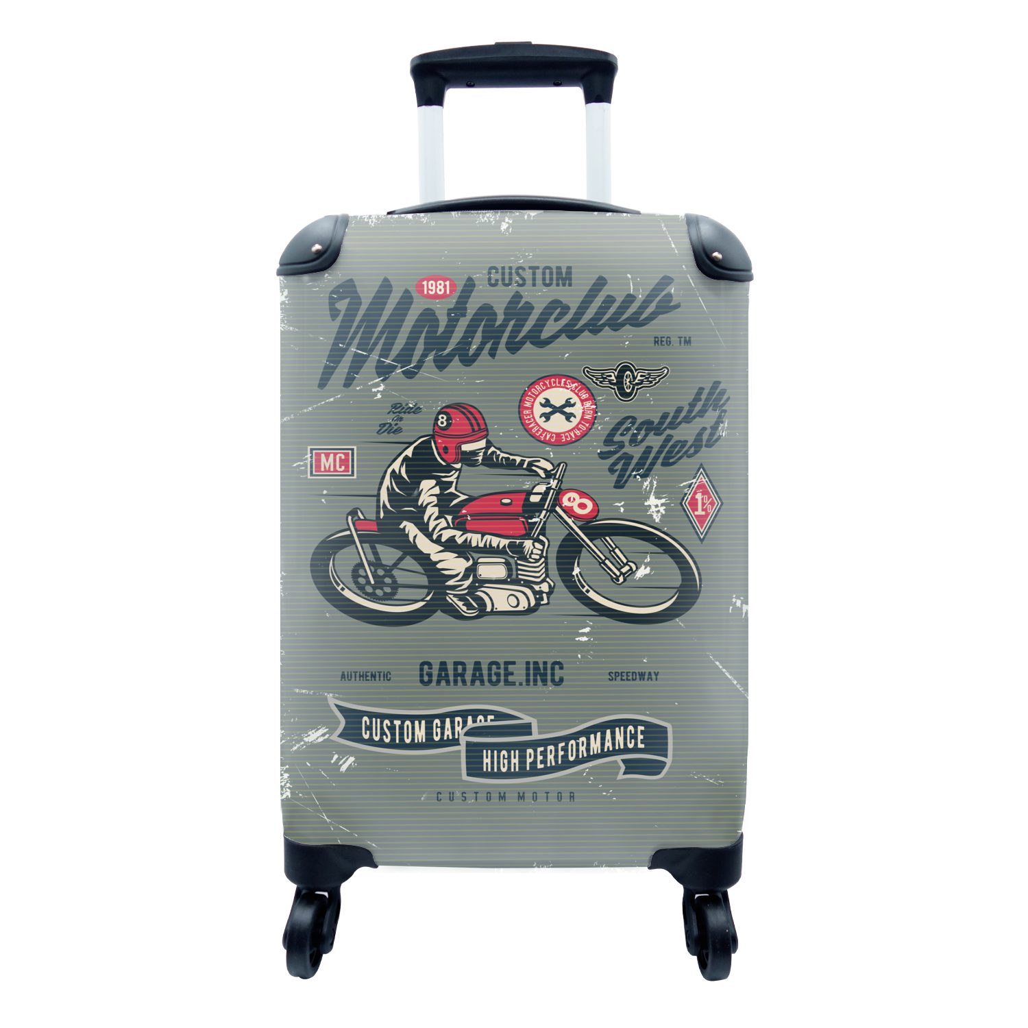 MuchoWow 4 Sport - Handgepäck Ferien, rollen, Zeichnung, Rollen, Retro Reisekoffer Trolley, - mit Handgepäckkoffer - Motorrad für Reisetasche